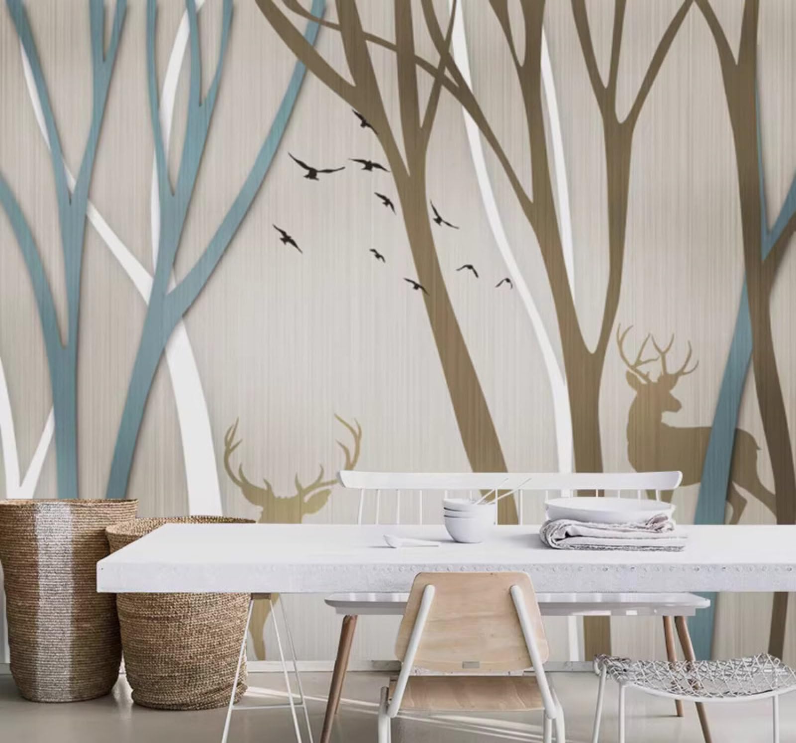 Vintage Minimalist Forest Reindeer Birds 3D Wallpaper Easy Install Feature Office Living Room Sofa Bedroom TV Background Wall Decoration-250cm×170cm