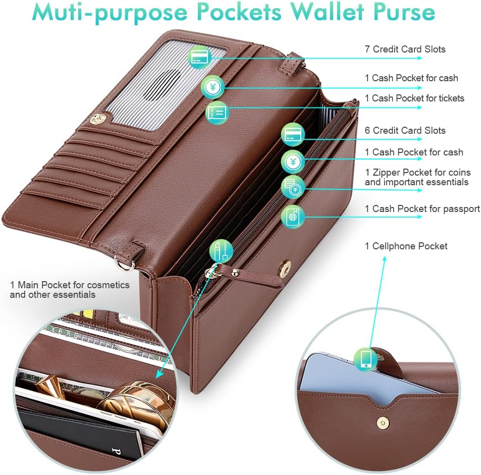 nuoku Women Small Crossbody Bag Cellphone Purse Wallet with RFID Card Slots 2 Straps Wristlet, B- Coffee - Image 3