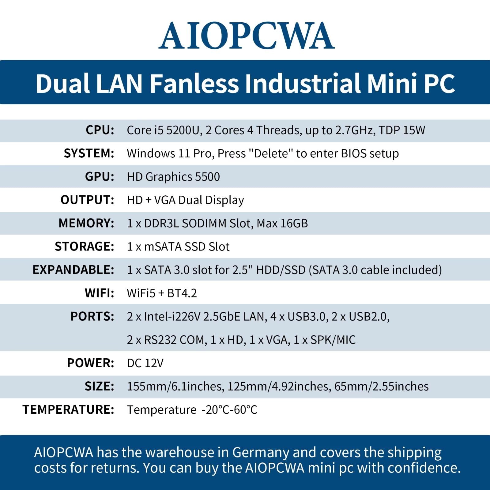 Fanless Mini PC, Core i5 5200U Industrial Computer, 2 Port 2.5GbE i226V LAN, 2 × COM RS232 Serial Port, Barebone NO RAM NO SSD, Support WinOS, Linux, Wifi/BT, VGA, SIM slot