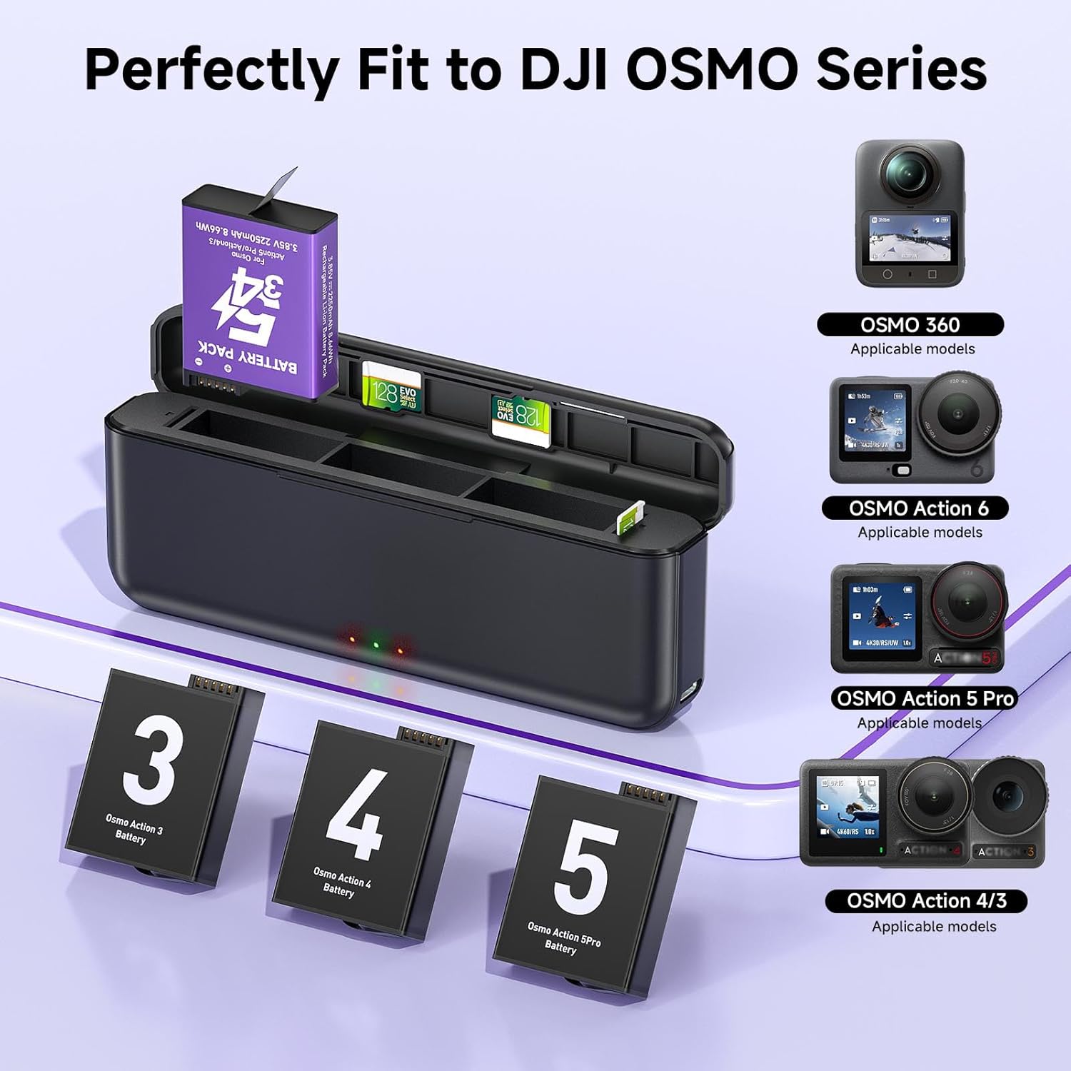 3 Pack 2250mAh Extreme Replacement Batteries with 3-Channel Fast Charger Hub Kit for DJI OSMO Action 6/OSMO Action 5 Pro/Action 4/Action 3 for DJI OSMO 360