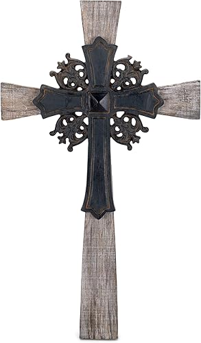 Dicksons Cruz de pared colgante decorativa de madera y metal de doble capa intrincada antigua de 15 pulgadas