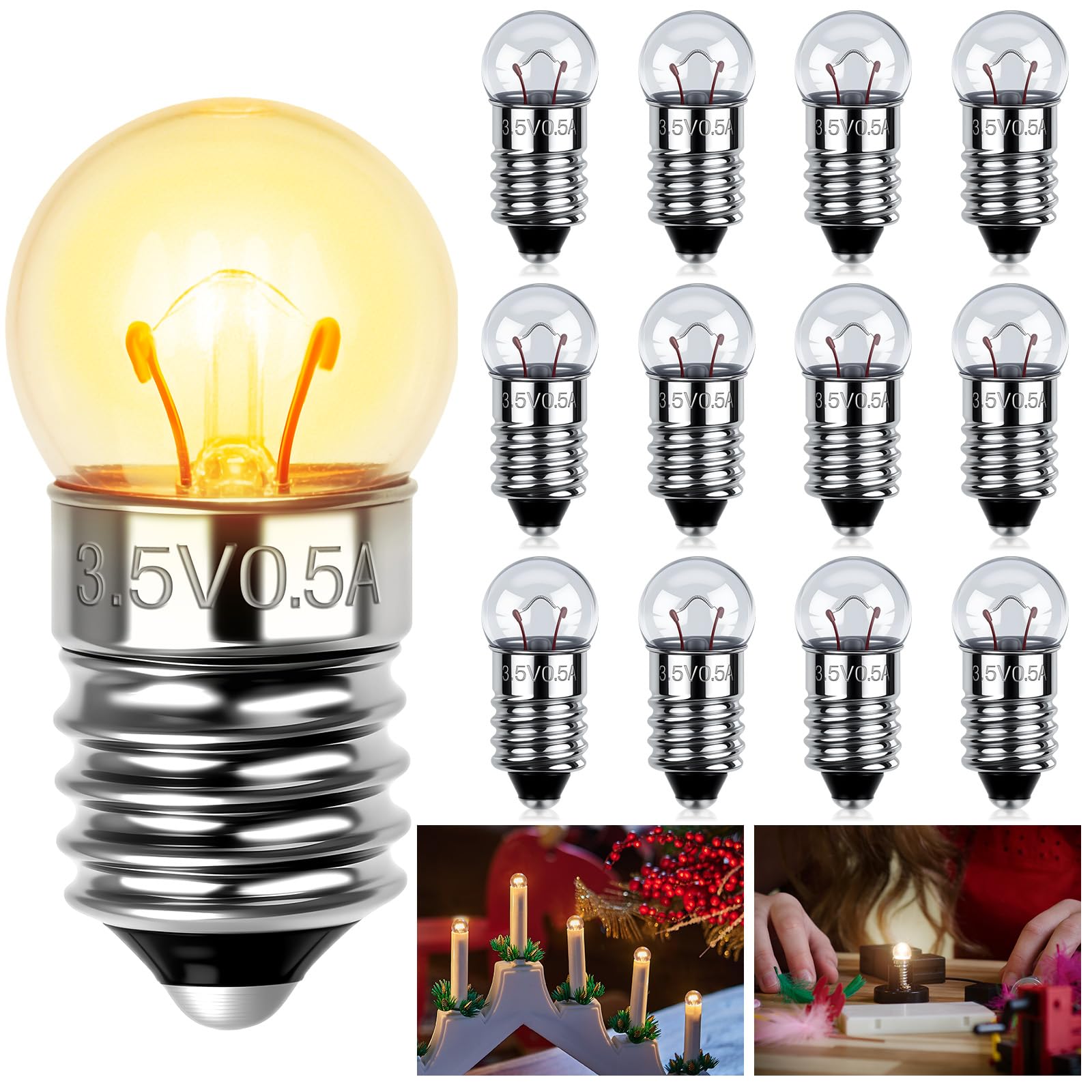 AUAUY 12 Stück Kugellampe E10 DC 3.5V, 0.3A, Warmweiß E10 Glühlampe Glühbirne Miniatur Schraubfuß, Ersatzlampe für Elektrische Experiment, Taschenlampen, Krippenbeleuchtung, Warnleuchte