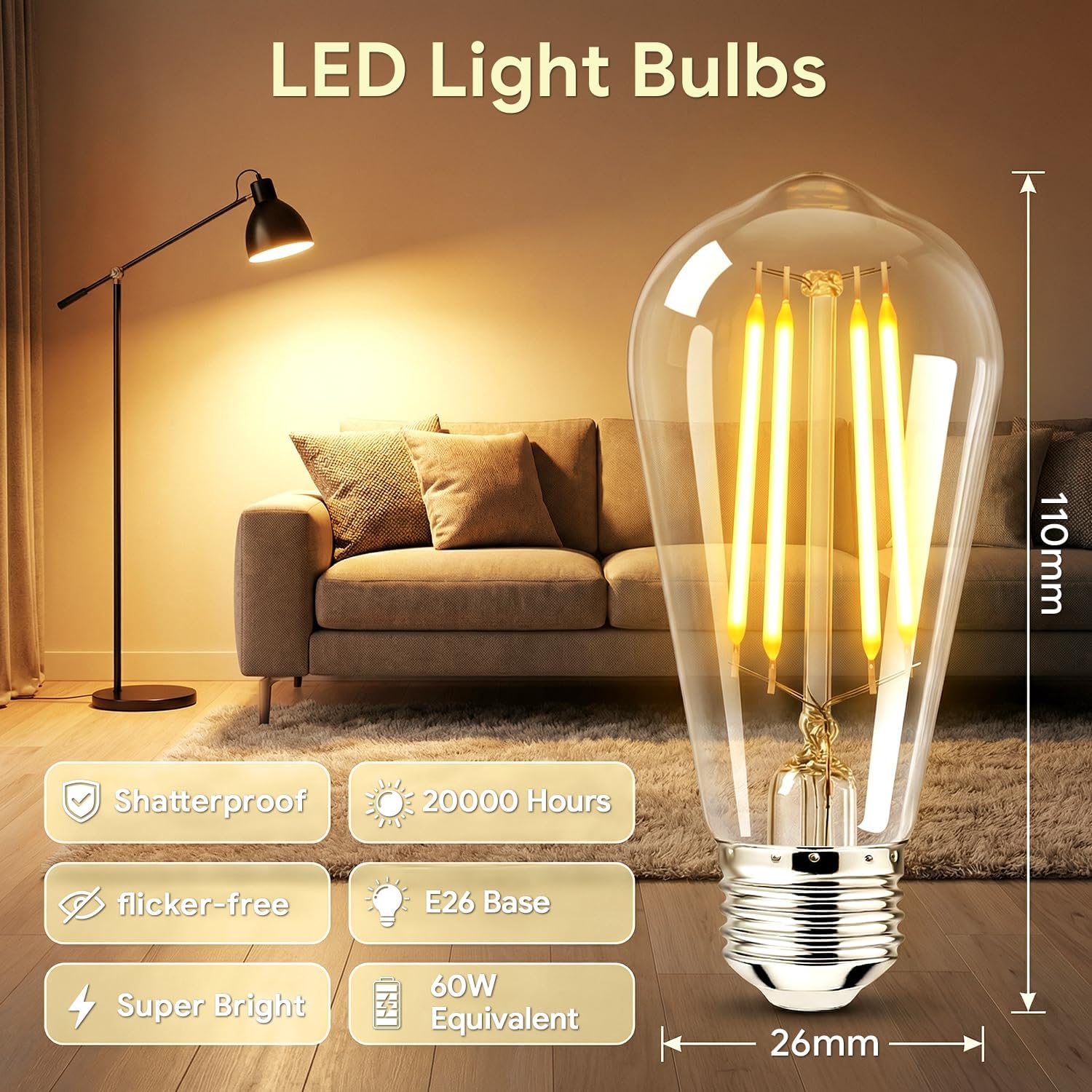 6pack LED Light Bulbs, Shatterproof Edison Bulbs 60 Watt Equivalent, E26 Base Warm White 2700K Bulb, Vintage Decorative Fixture Light Bulbs for Home Lighting, Bathroom, Bedroom, Hallway, Non-dimmable