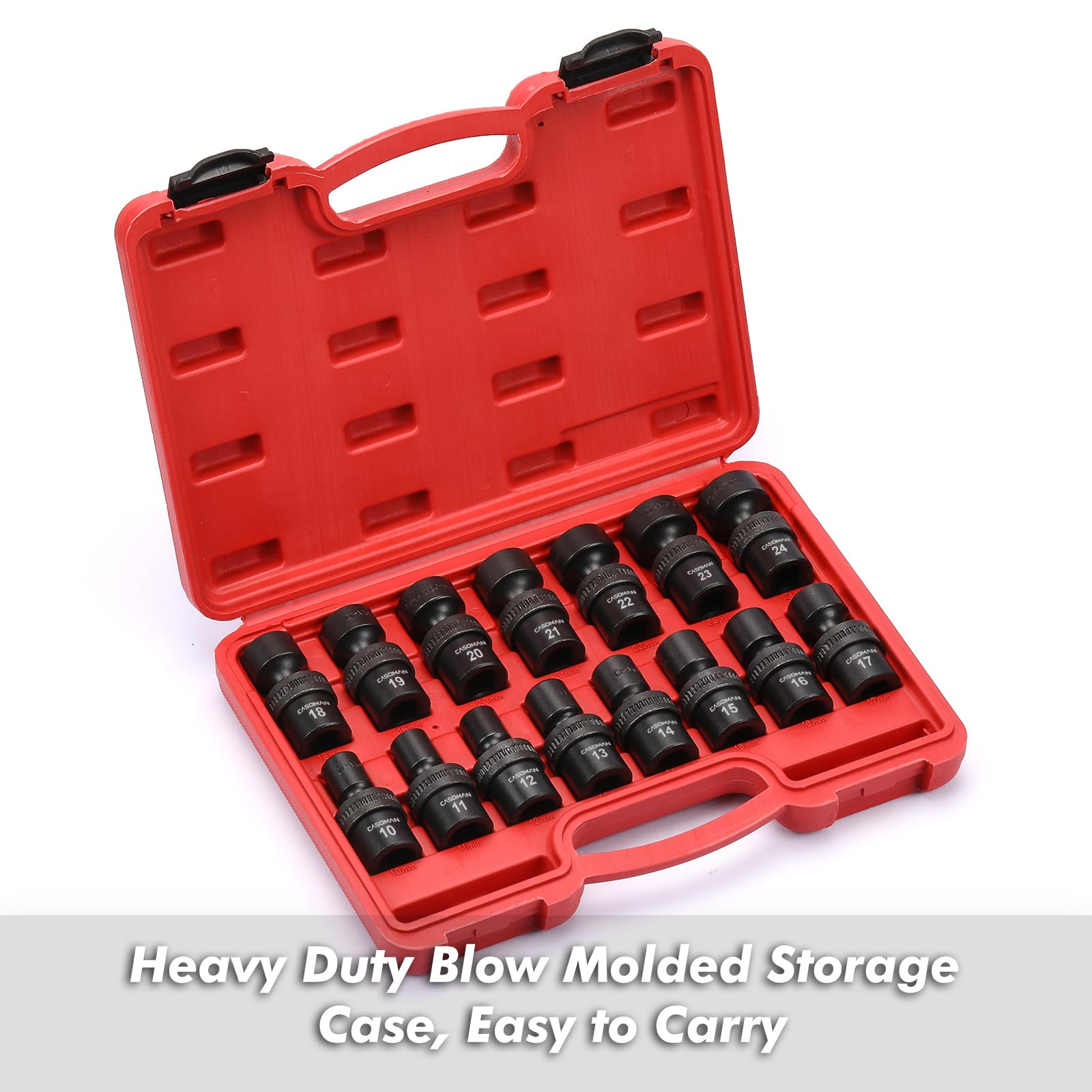 CASOMAN, Set di chiavi a bussola universali standard da 1/2", 6 punti, metriche, 10-24 mm, 15 pezzi