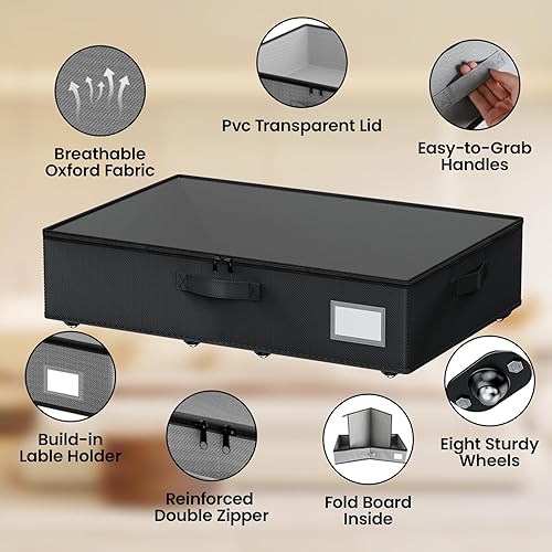 Vista 4 de Almacenamiento debajo de la cama con ruedas, paquete de 2 contenedores de almacenamiento debajo de la cama con tapas transparentes, no requiere
