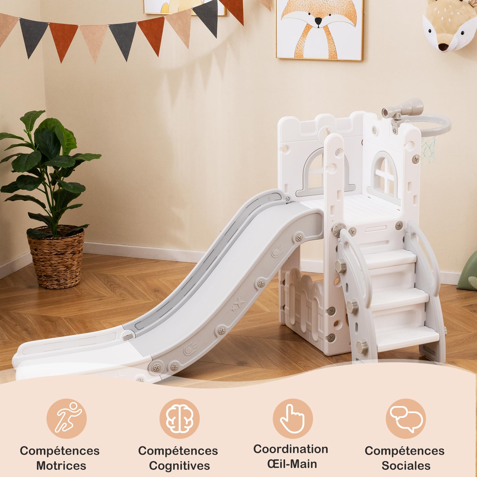 Toboggan Intérieur/extérieur 6 En 1 Pour Enfants 1-3 Ans - Avec Panier De Basket, Cachette, Toboggan Et Rangement