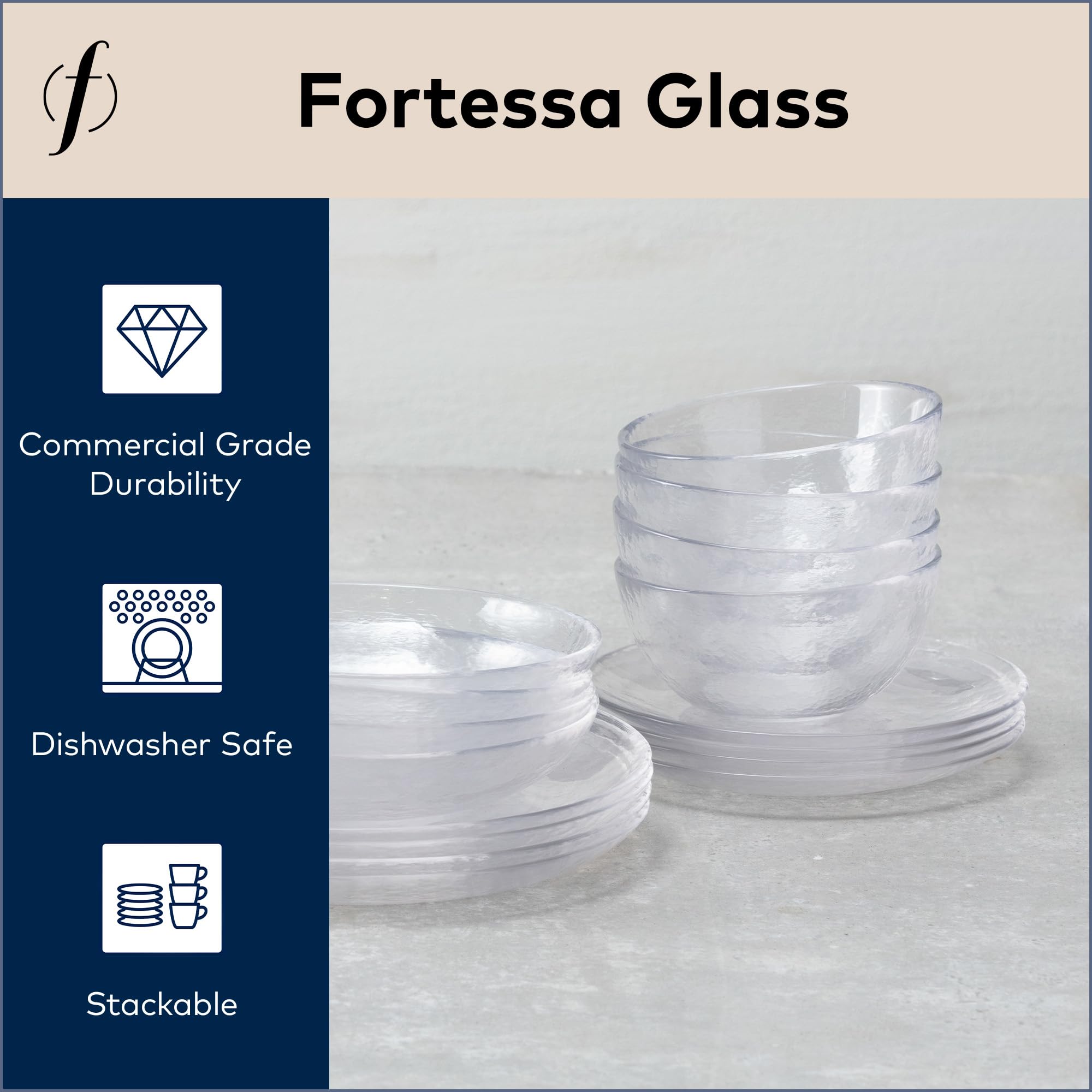FORTESSA Los Cabos Geschirr 16-teiliges Glasgeschirr Set mit 4 Speisetellern, 4 Salattellern, 4 Coupé-Schalen und 4 Müslischalen, spülmaschinenfestes Glasteller-Set - Klar