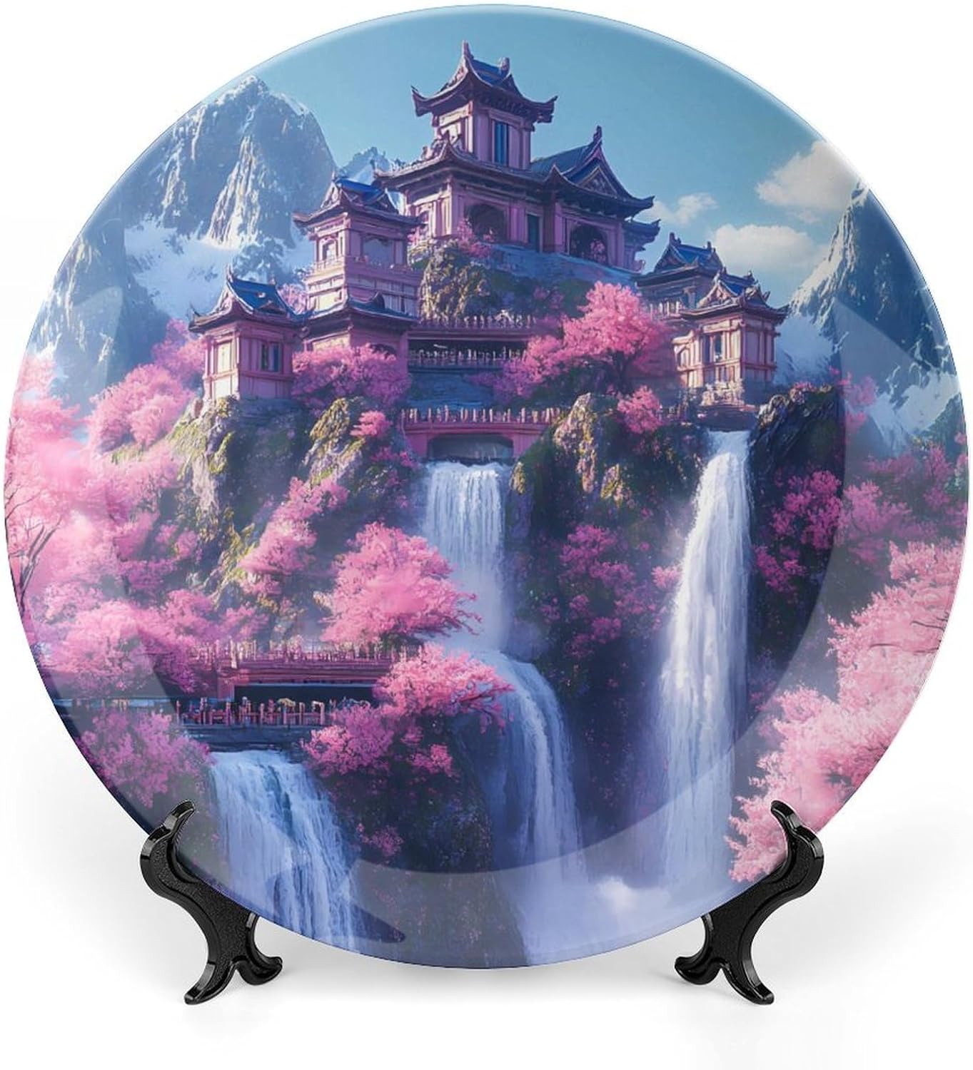 Japanese Building On Mountains Waterfall Bone China Decorative Plate with Stand Home Dessert Plates Gift for Men Women 7inch