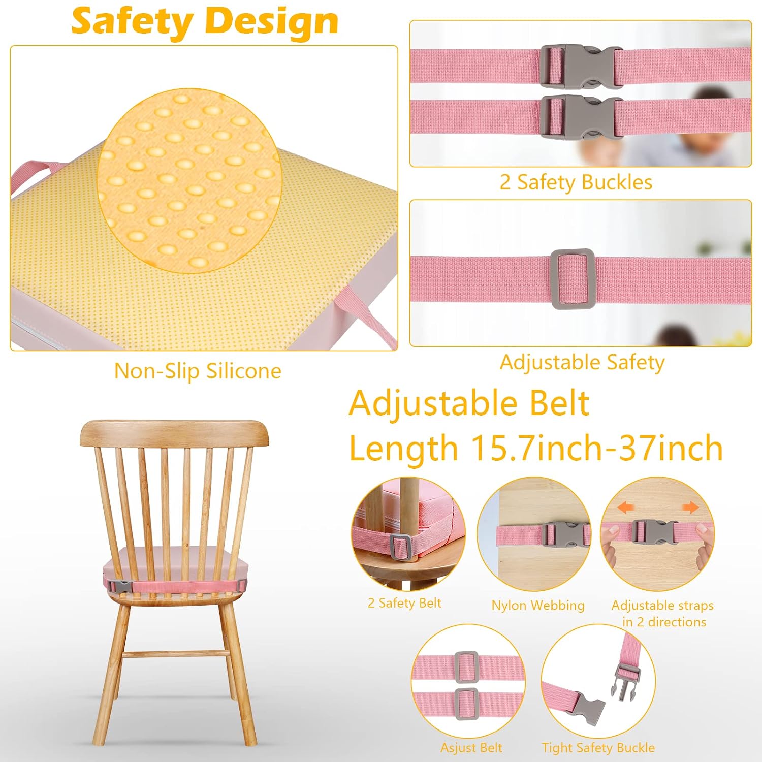 Toddler Booster Seat for Dining Table, Booster Seat for Table with Non-Slip Bottom & Straps, HOSEASCA Kitchen Booster Seat with PU Washable Cover for 4-35 Months(Pink)