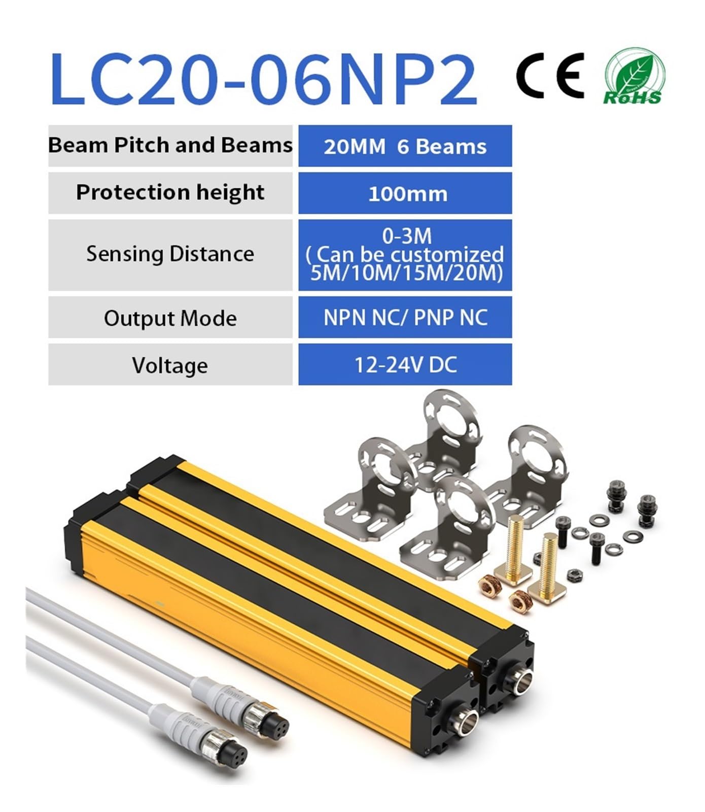 Sicherheits-Lichtvorhangsensor, 20 mm Rastermaß, Bereichsschutzgerät, industrielle Infrarot-Gitterbarriere, NPN-PNP-Ausgang, 12–24 V DC(20MM Pitch 6 Beam)