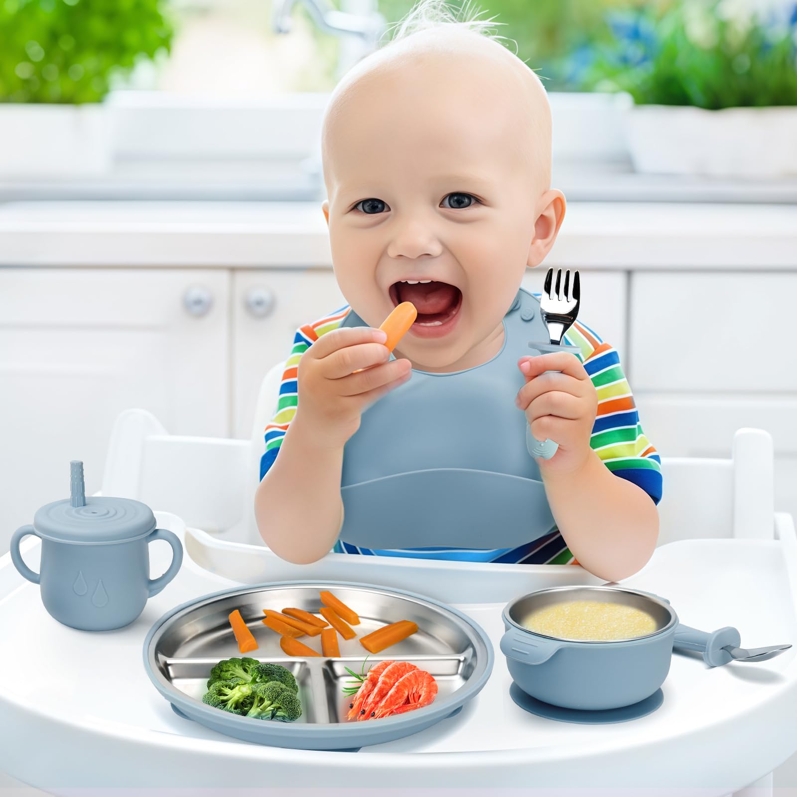 MISSLILI Platos y cuencos de acero inoxidable para niños con succión 7