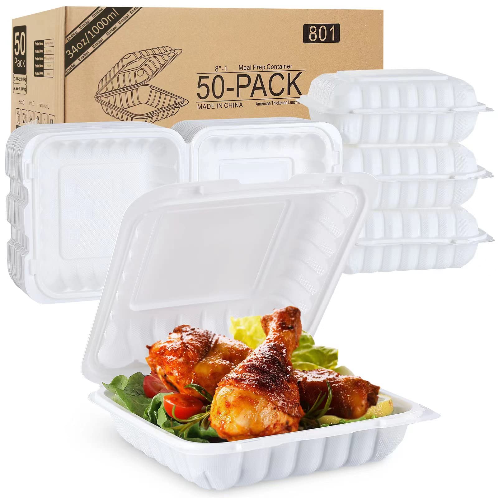 34oz Clamshell Food Containers, 50Pcs Heavy Duty To-Go Disposable Lunch Box, Plastic Hinged To Go Containers Microwave Freezer Safe BPA Free Biodegradable Take Out Container