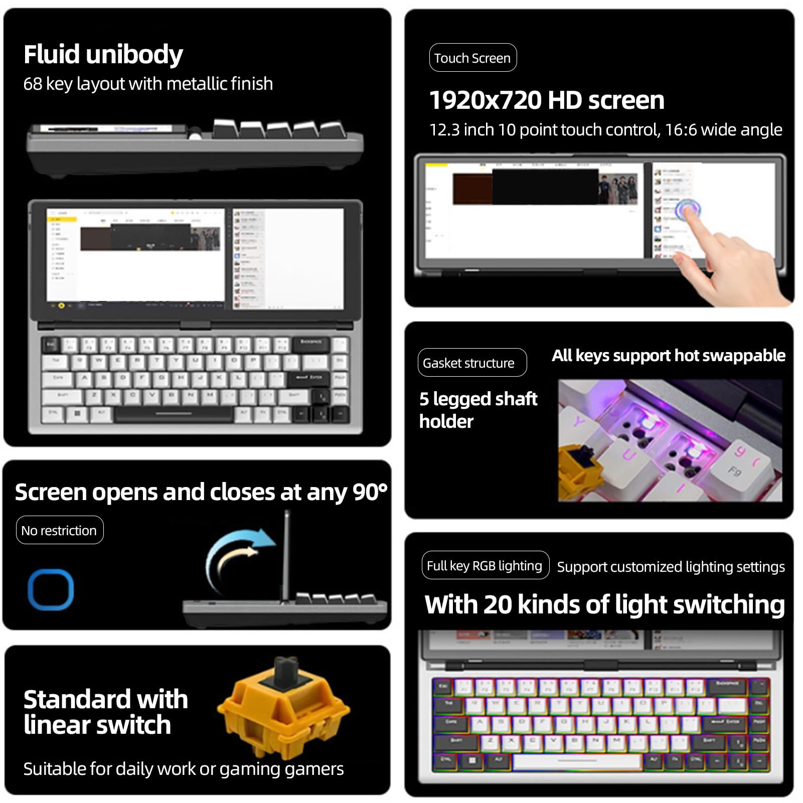 Klawiatura Mechaniczna z Ekranem, 68 Klawiszy Przenośne Przewodowe USB RGB LED z Podświetleniem 12,3 Cala Ekran Dotykowy Klawiatura Monitora (wtyczka UE)