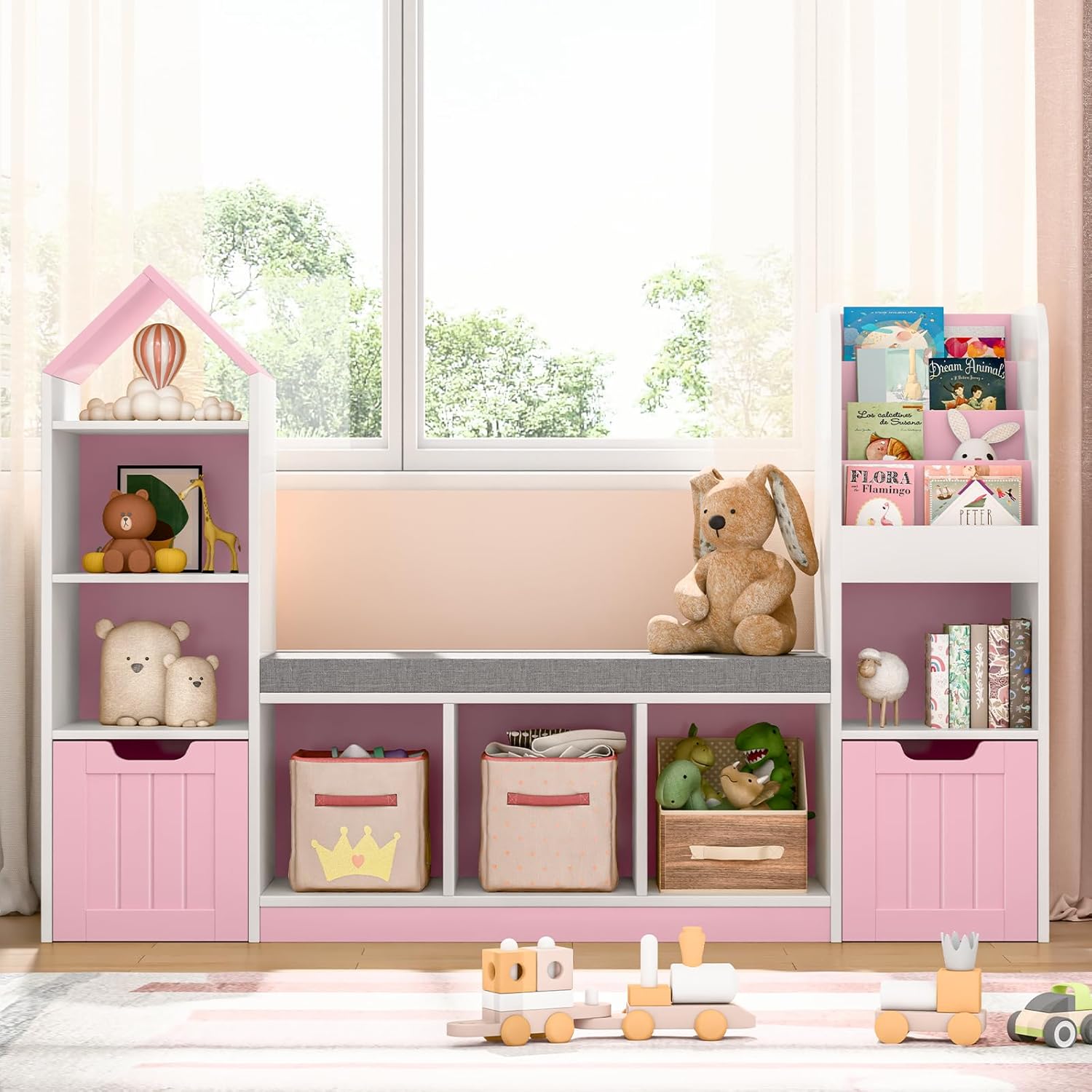 Kids Bookcase and Bookshelf with Reading Nook, Pink, Modern, 3 Shelves, Toy Storage Organizer for Kids Room, Playroom, Bedroom
