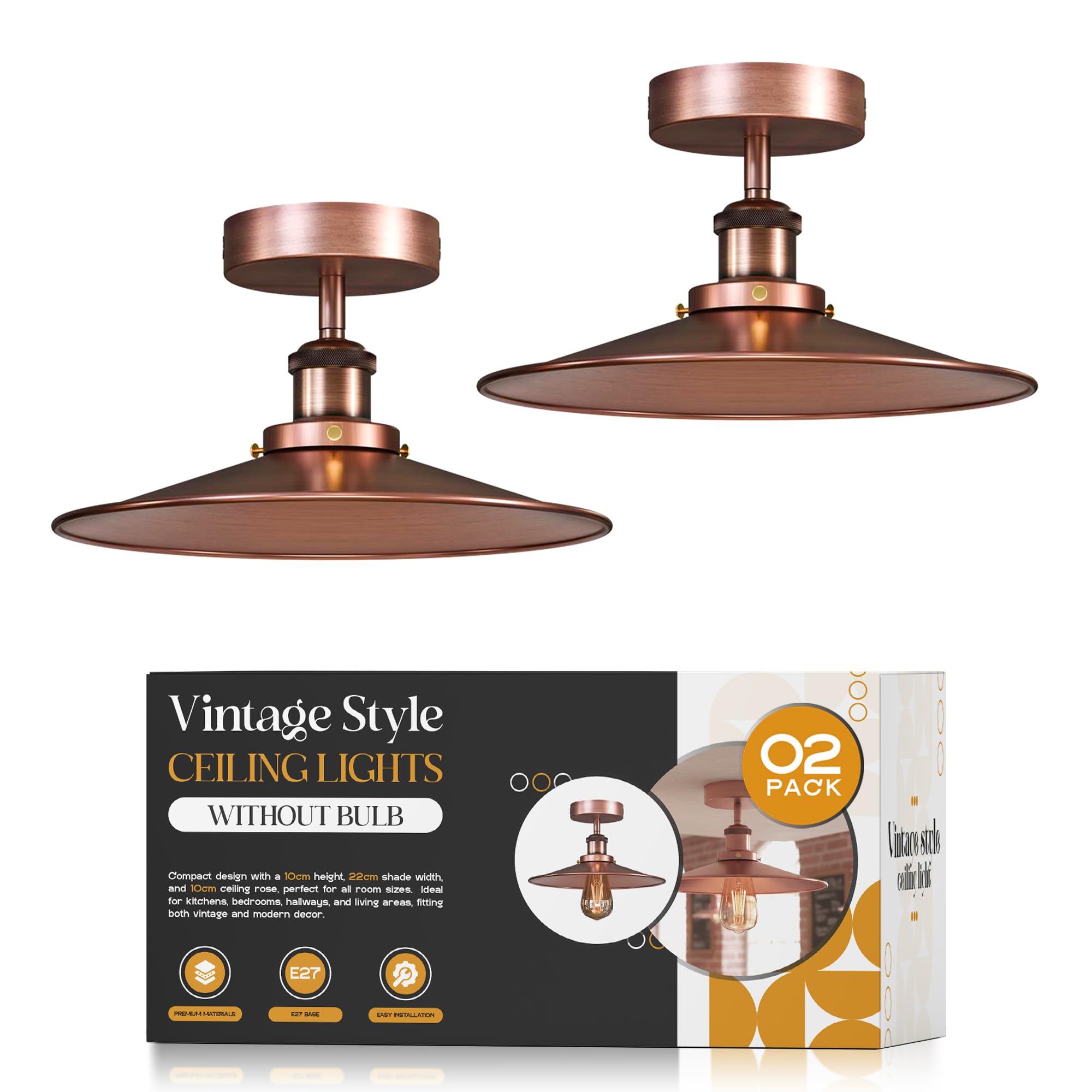 LEDSone Pack of 2 Industrial Semi Flush Mount Ceiling Lights Fixtures E27 Base with 22cm Copper Metal Lampshade Easy to Fit LED Ceiling Lamp Chandelier for Bedroom, Kitchen, Hallway, Living Room