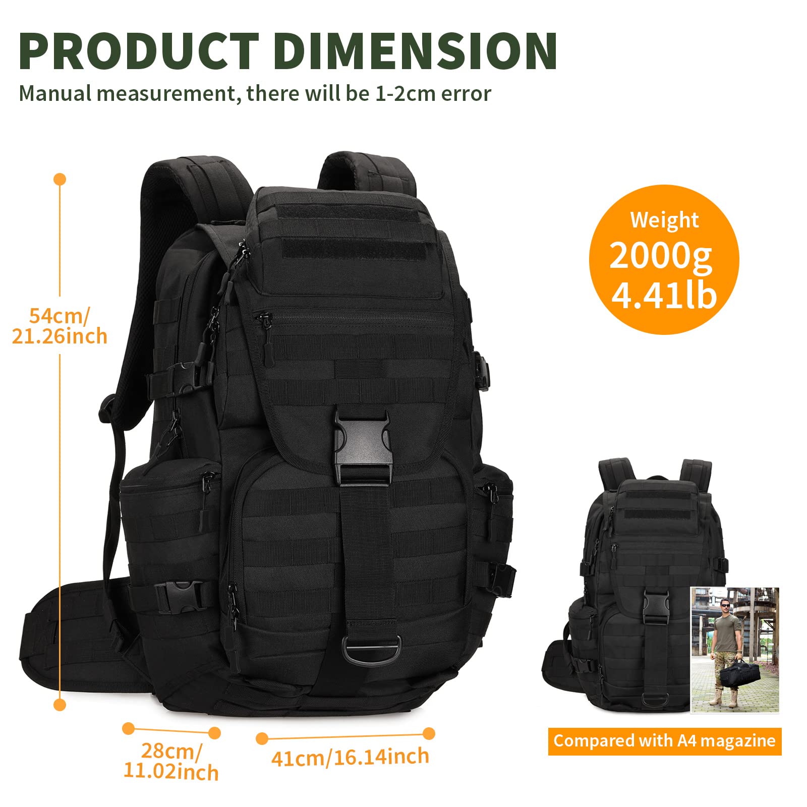 HUNTVP Sac à Dos Tactique,50L Grand Sac à Dos Multifonction Militaire Assault Pack, pour Randonnée Camping École Voyage Pêche Escalade Alpinisme Trekking(Noir-50L)