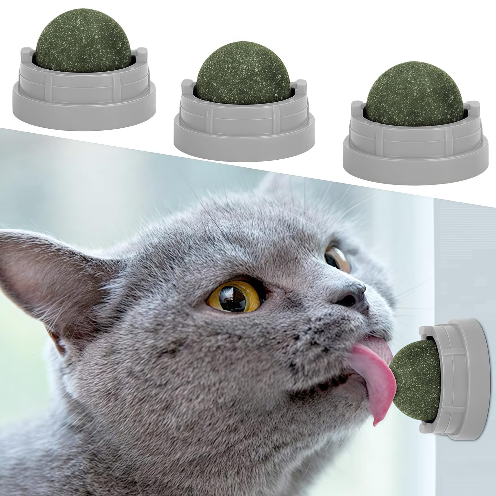3 Pack Catnip Balls, Catnip Ball for Cats Wall, Edible Kitty Toys for Cats Lick, Safe Healthy Kitten Chew Toys, Teeth Cleaning Dental Cat Toys, Cat Wall Treats (Grey)