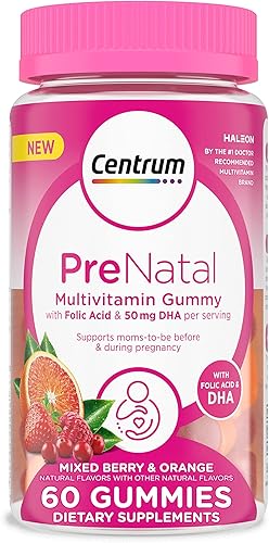 Centrum Gomitas multivitamínicas prenatales con DHA y ácido fólico, sabores mixtos de bayas y naranja, 60 unidades, suministro de 30 días