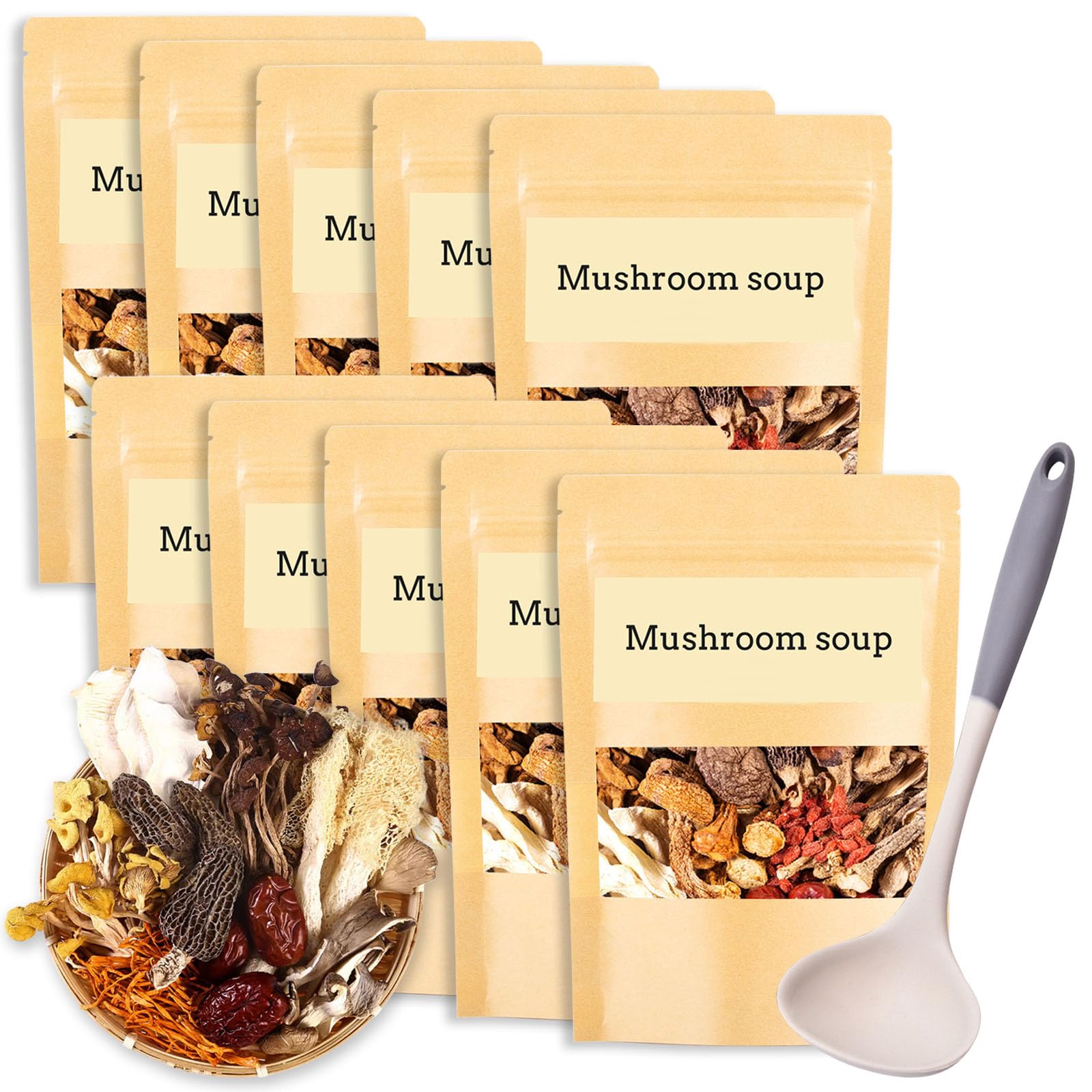 KWOLYKIM Mushroom Soup Package of 11 Type of Mushrooms, Dried Organic Mushroom Soups Set with Soup Ladle, Rehydrate Quickly, Individually Wrapped
