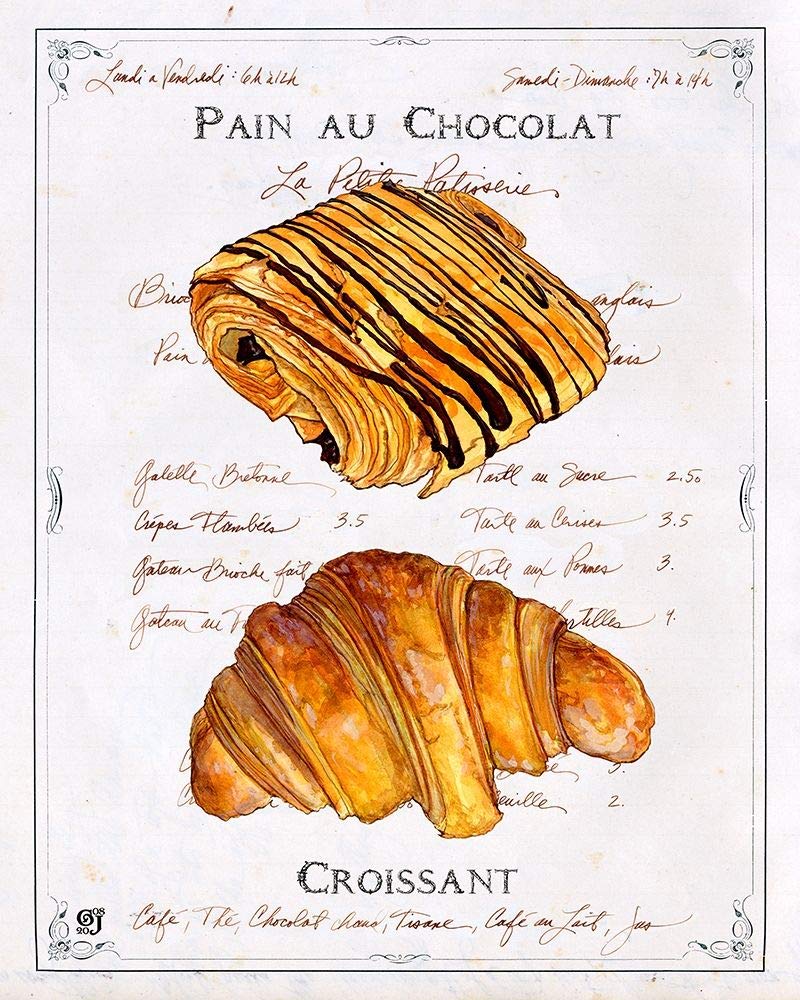 Feeling at home Toile encadrée avec boîte américaine - Pain-au-Chocolat-et-Croissant-Joyner-Ginny-Food-Impression artistique sur cadre en bois-Vertical-53 x 43 cm