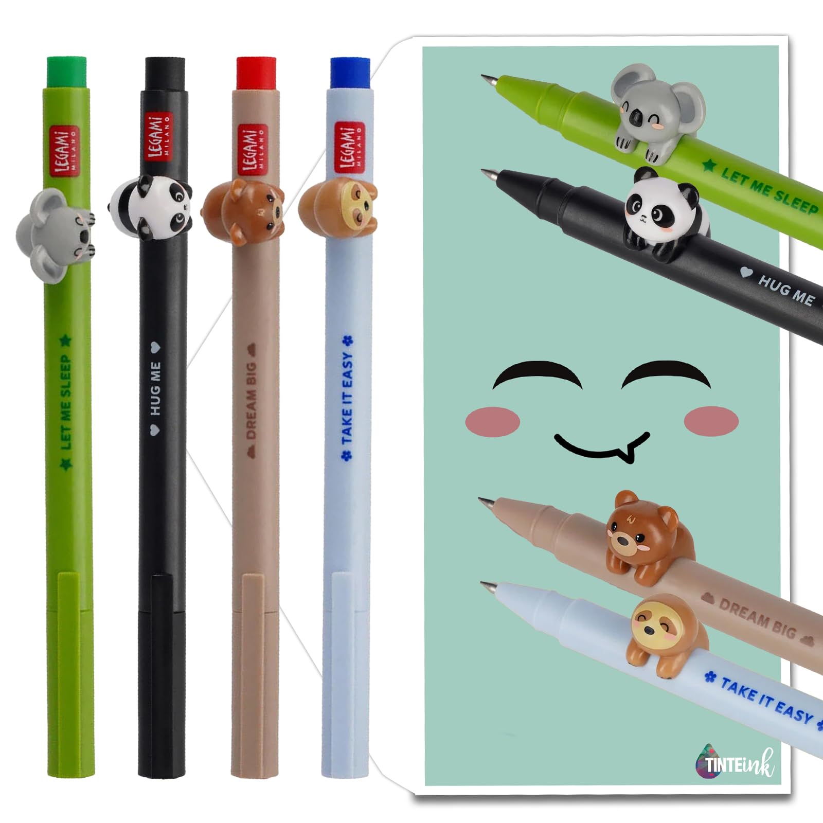 Legami Lovely Friends Gel Pens Choose 4 Set Including Gift Envelope! - Choose Cute Design! (Bear, Panda, Koala & Sloth)