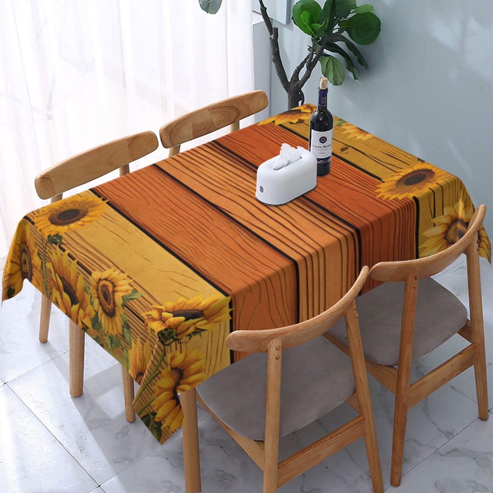 FJQWKLF Sunflower Wood Grain Rectangle Tablecloth Rustic Wooden Board Yellow Sunflowers Table Cloth Vintage Wooden Floral Rectangular Tablecloth Table Cover for Dining Kitchen Party 54 x 72 Inch