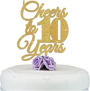 Cheers to 10 Years Wedding Anniversary Cake Topper - 10th 25th 30th 50th 60th Anniversary Cake Decoration - Silver Pearl Ruby Diamond Golden Anniversary Cake Topper - Glitter Acrylic Cake Topper