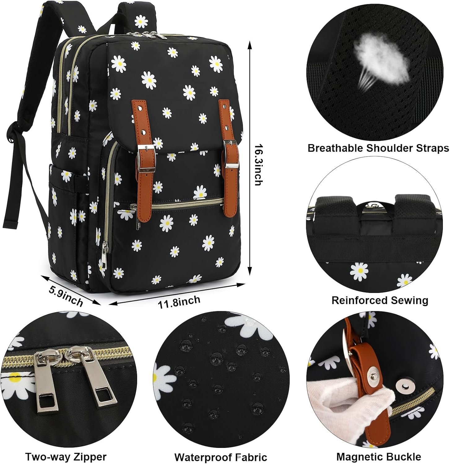 Flowers Laptop Backpack for Women Girls School Work Business Travel Computer Backpacks College Bookbag Fit 15.6 Inch Notebook (Daisy Black)
