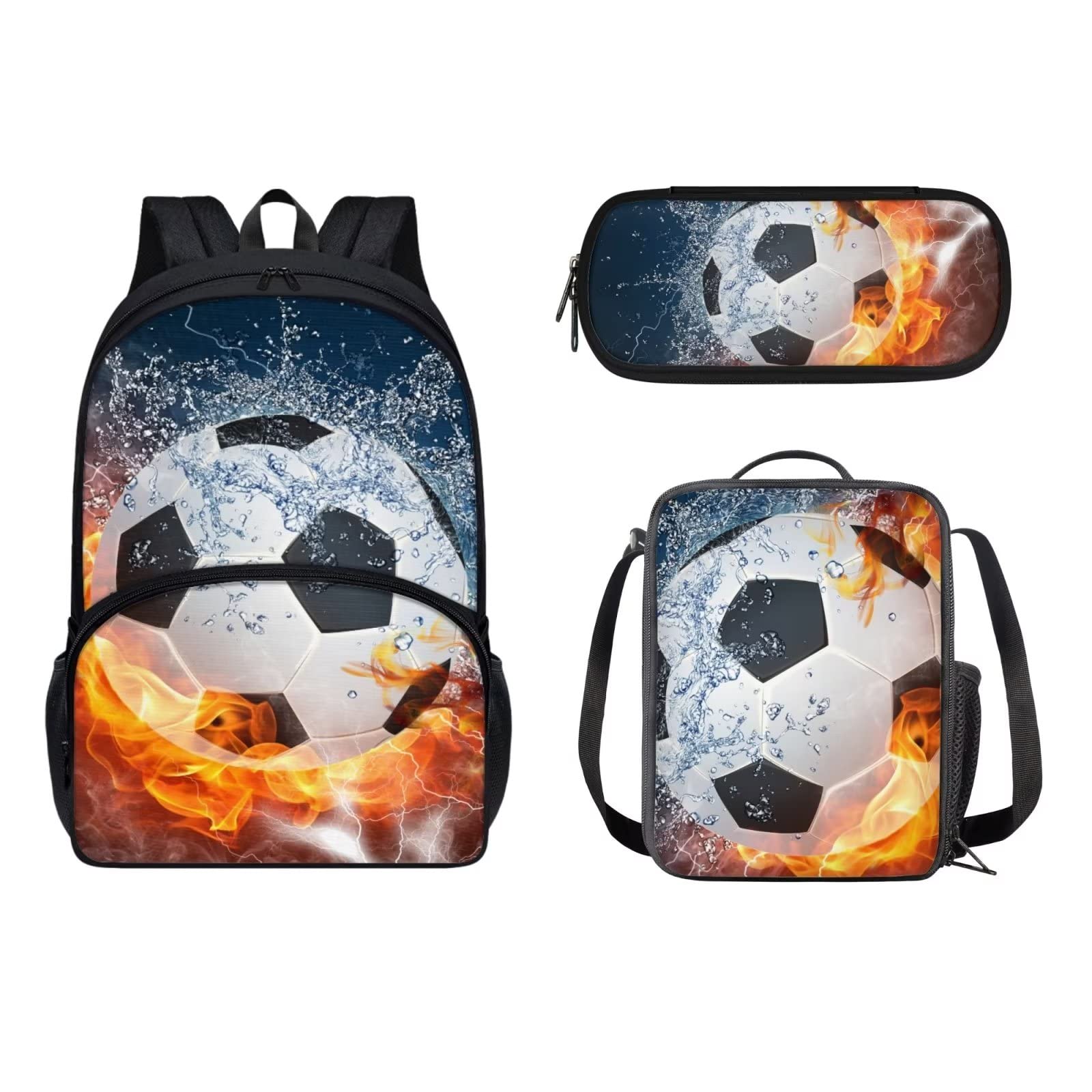 Dolyues Juego de bolsas escolares para niñas y niños, bolsa de libros de escuela primaria con bolsa de almuerzo y estuche para lápices, 3 piezas, Fútbol de Fuego, Mochila infantil