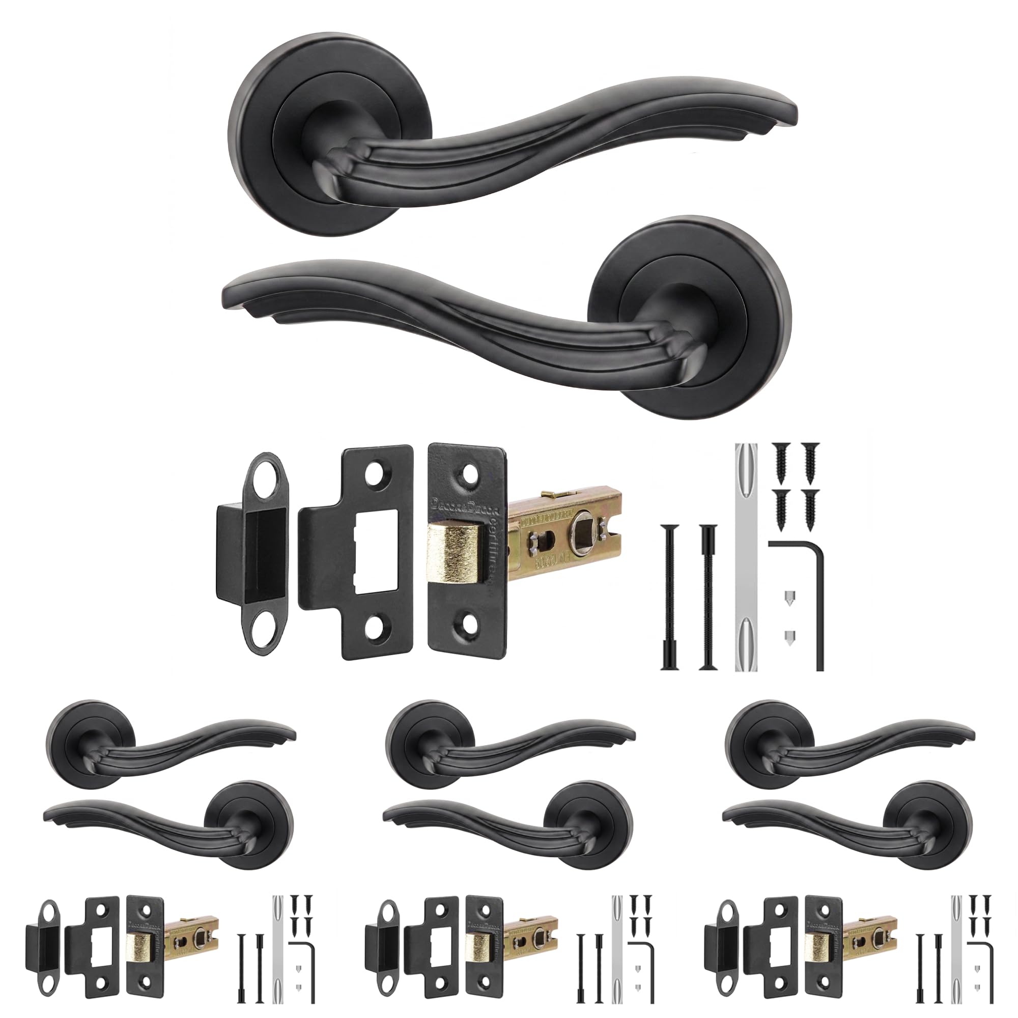 Decoranddecor Solace Matt Black Door Handles, Latch Kit 76mm 4 Pack