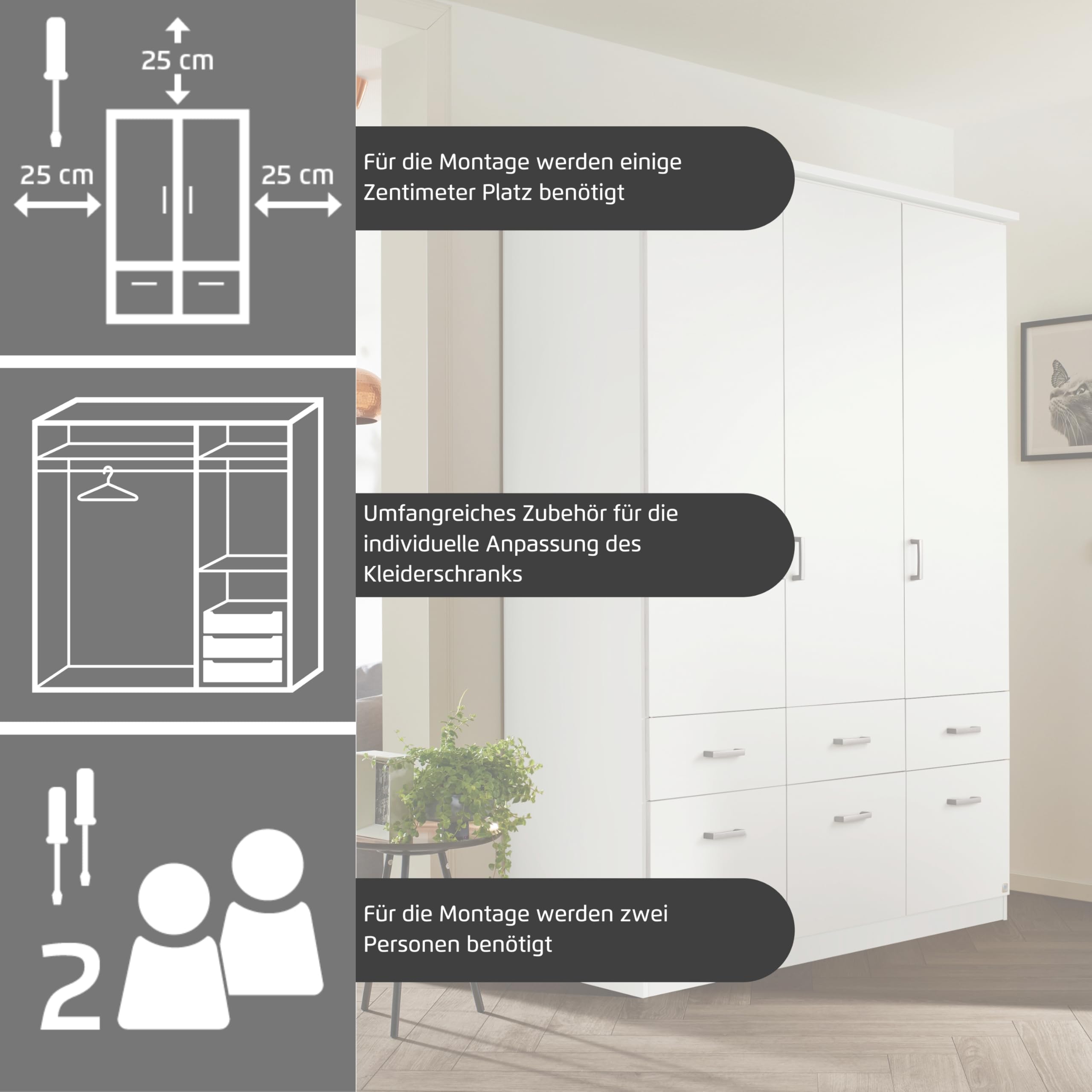 Rauch Möbel Bremen, Kleiderschrank für Schlafzimmer, Wohnzimmer, Kinderzimmer, Flur, Garderobe, 2-türig, mit 4 Schubladen, Farbe Weiß, Breite 91 cm