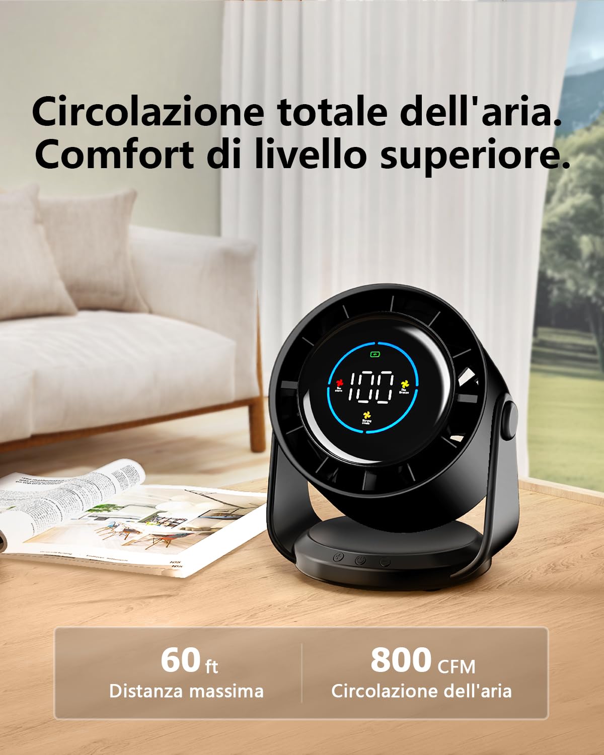 Ventilatore da Tavolo Silenzioso, Potente e Regolabile Display LED 100 velocità Ventilatore da parete Lnclinazione Variabile a 105° Raffreddamento silenzioso Per Camera, Soggiorno, Cucina, Viaggiare
