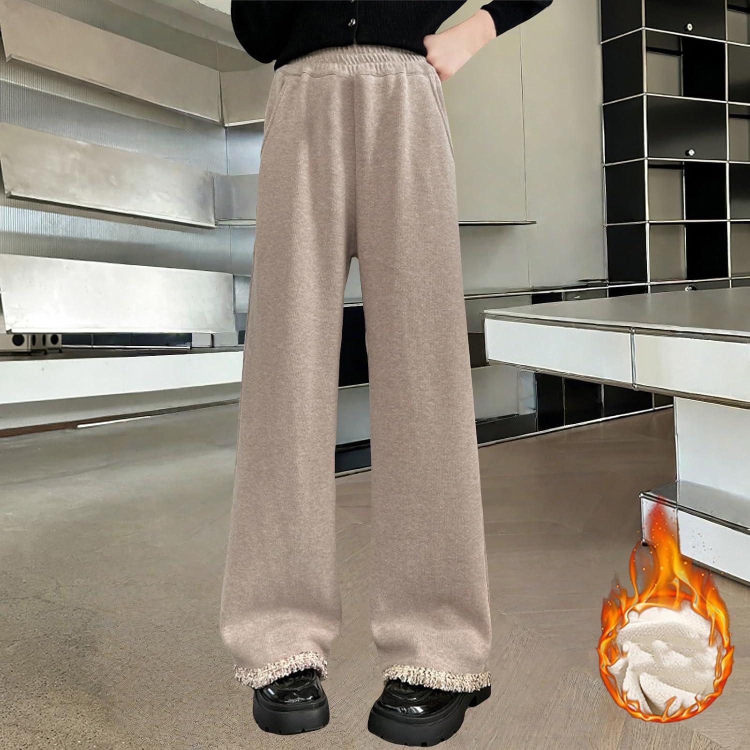 Girls Baggy Wide Leg Sweatpants Winter Fleece Lined Elastic High Waist Pants Teen Casual Soft Cotton Athletic Joggers