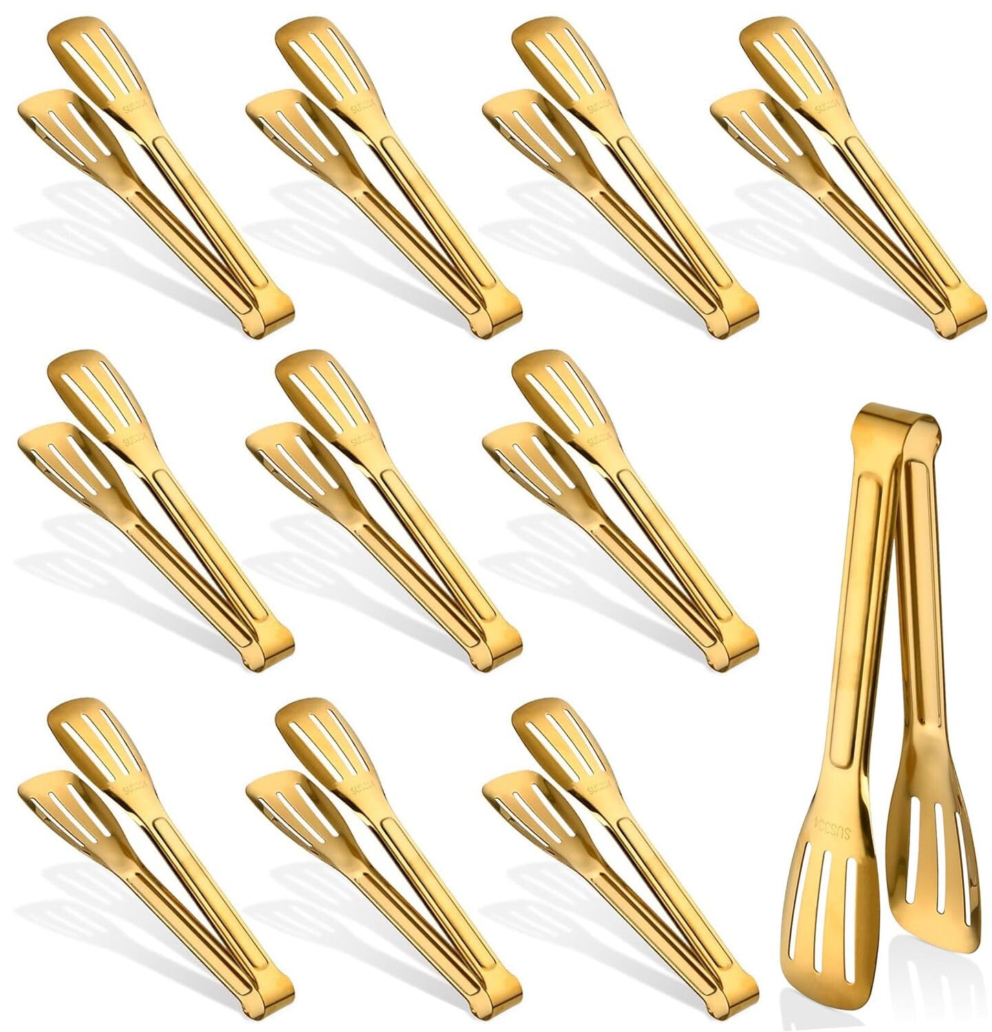 10 Pcs Gold Food Serving Tongs, 7" Stainless Steel Kitchen Tongs with Non-Slip Handle, Metal Buffet Tong for Salad Dessert BBQ Appetizer, Home Party Use
