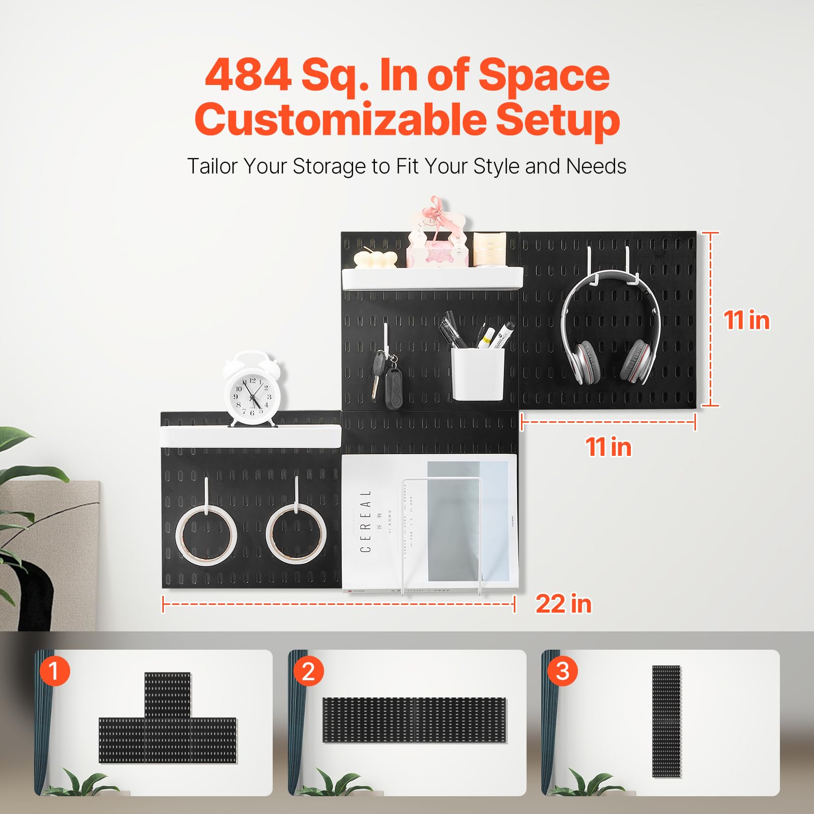 VEVOR Panneau Perforé Mural 280x280 mm Organiseur Garage en Plastique avec 4 Panneaux Perforés, Accessoires, Kit Rangement d'Outils pour Bureau, Salle d'Artisanat, Maison, Entrepôt, Magasin, Noir