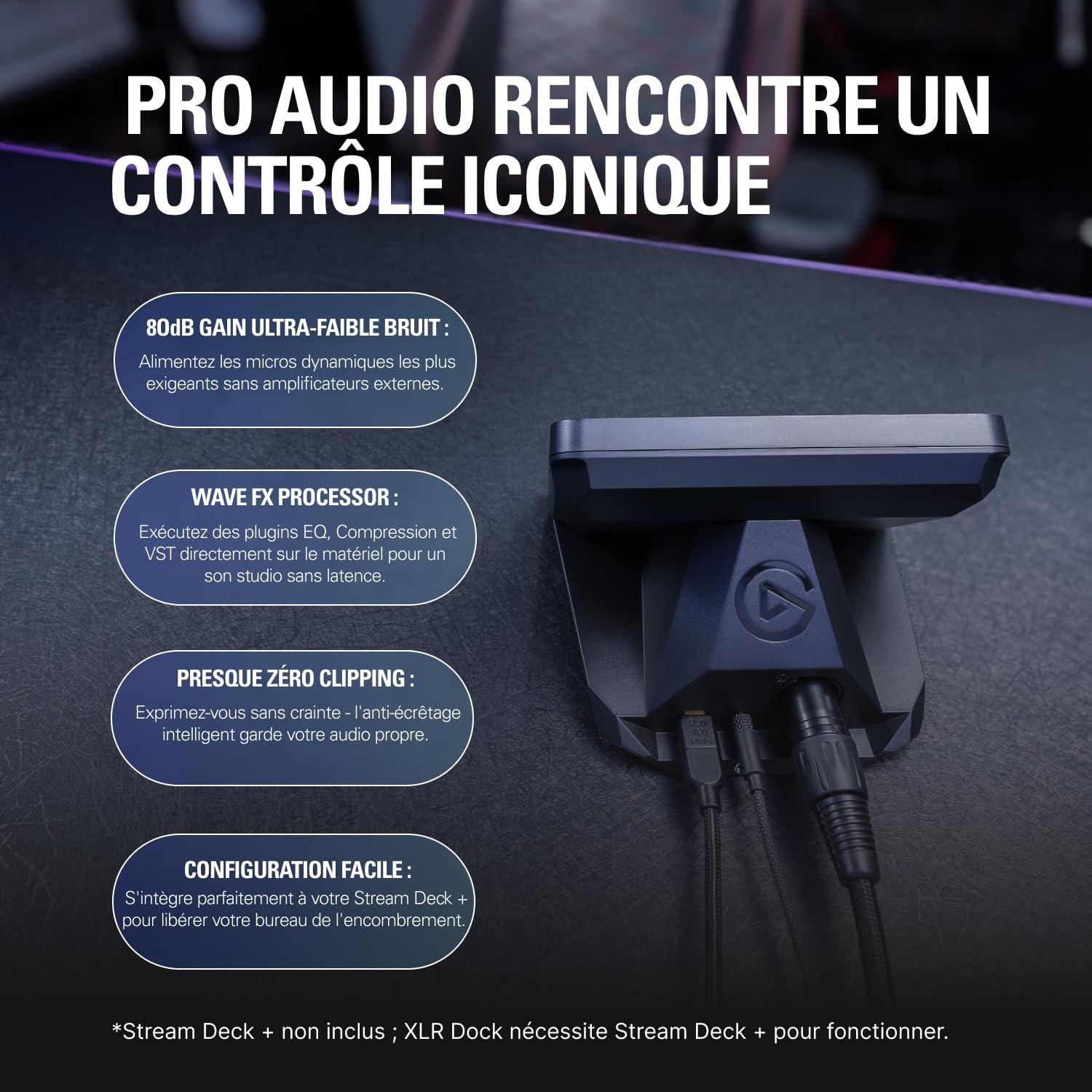 Elgato XLR Dock MK.2 – Pour Stream Deck + | Gain 80 dB, alimentation fantôme, Clipguard 2.0, effets DSP, USB-C, fonctionne avec tout micro XLR