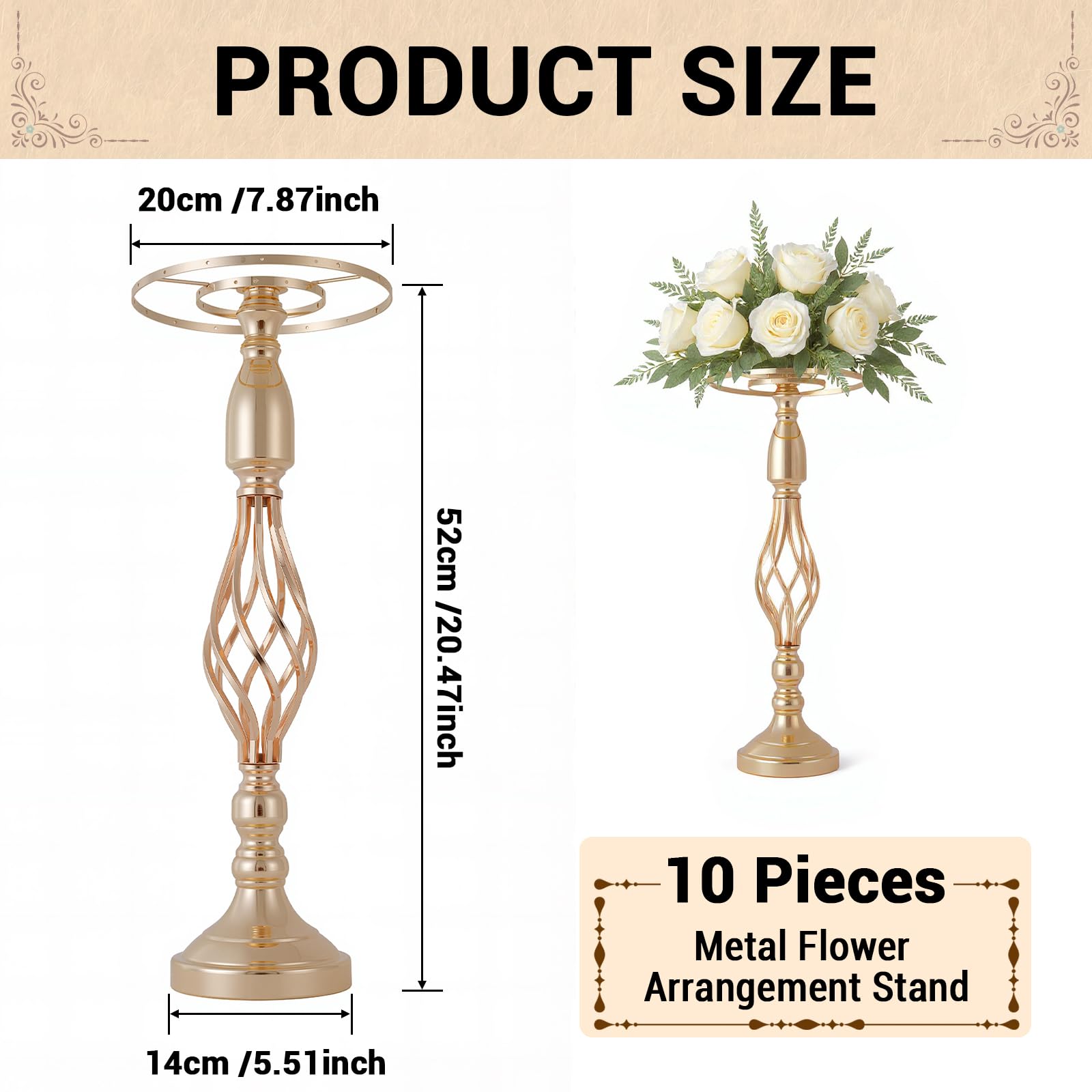 Blumenständer Gold für Hochzeit, 10 Stück Metall Gold Vase, 52cm Hohe Trompete Vasen Metall, Mittelstücke Tischdekoration für Hochzeitstag Party Tafelaufsätze Geburtstag Event Festival Feier Gang