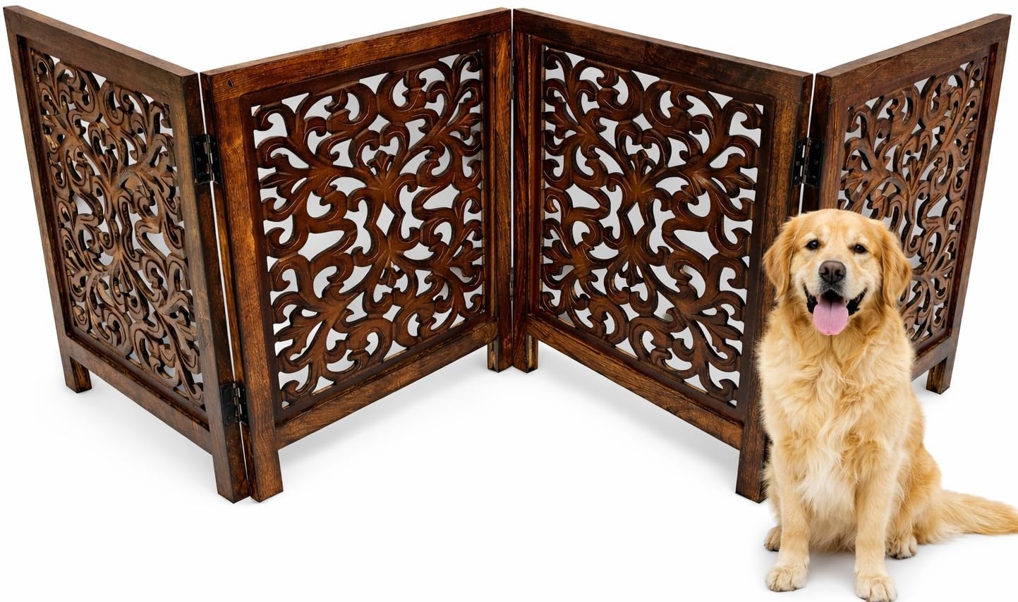 Free Standing Dog Gate – 4 Panel Foldable Wooden pet gate Indoor 72" W x 24" H, Hand-Carved Solid Wood & MDF, Portable Indoor Gate for Doorways, Halls