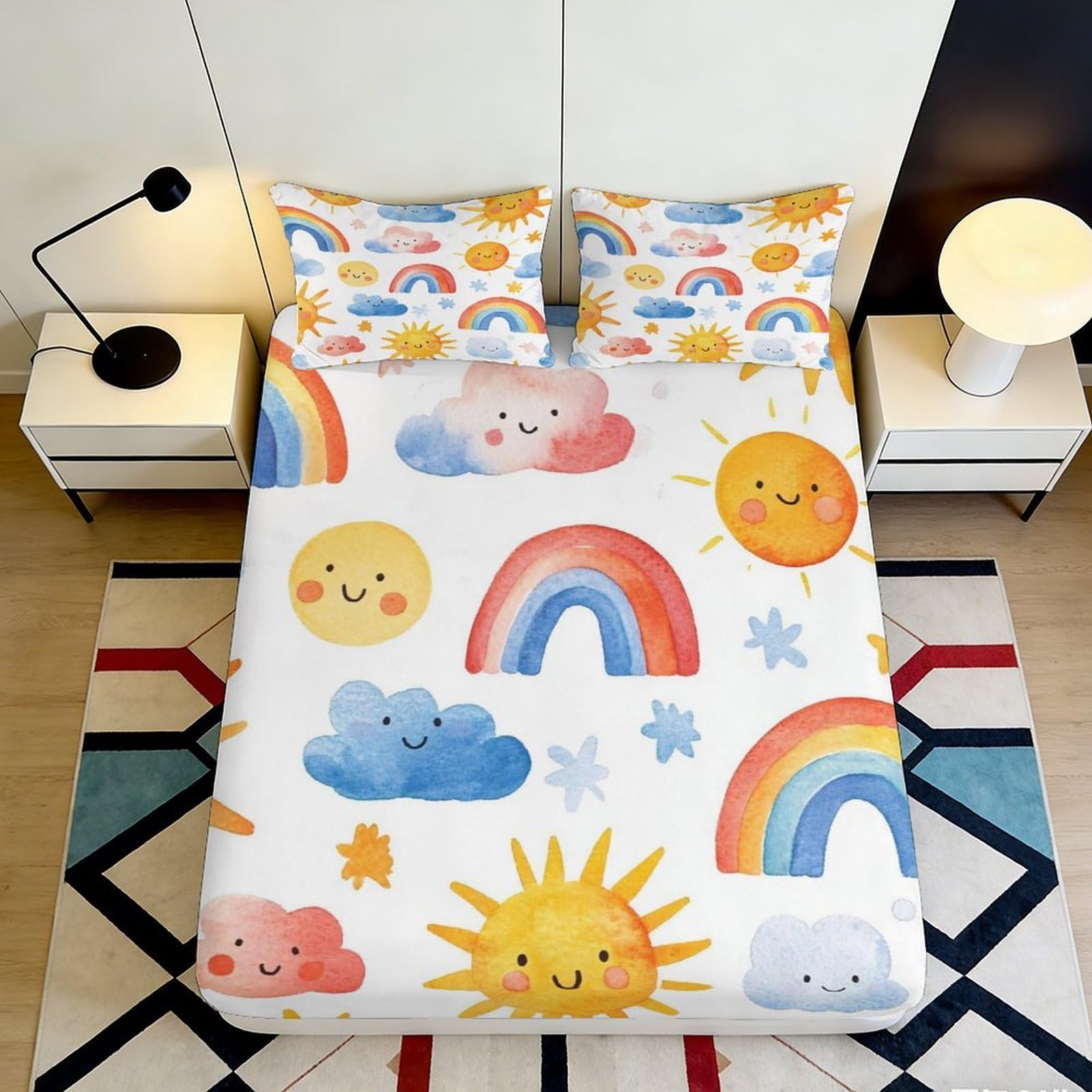 3D Printed Cute Rainbow and Sun Fitted Sheet Microfiber Soft Breathable Smiley Cloud Bed Sheet for Bedroom Dormitory Guest Room Mattress Protection Decor 140x200x25cm