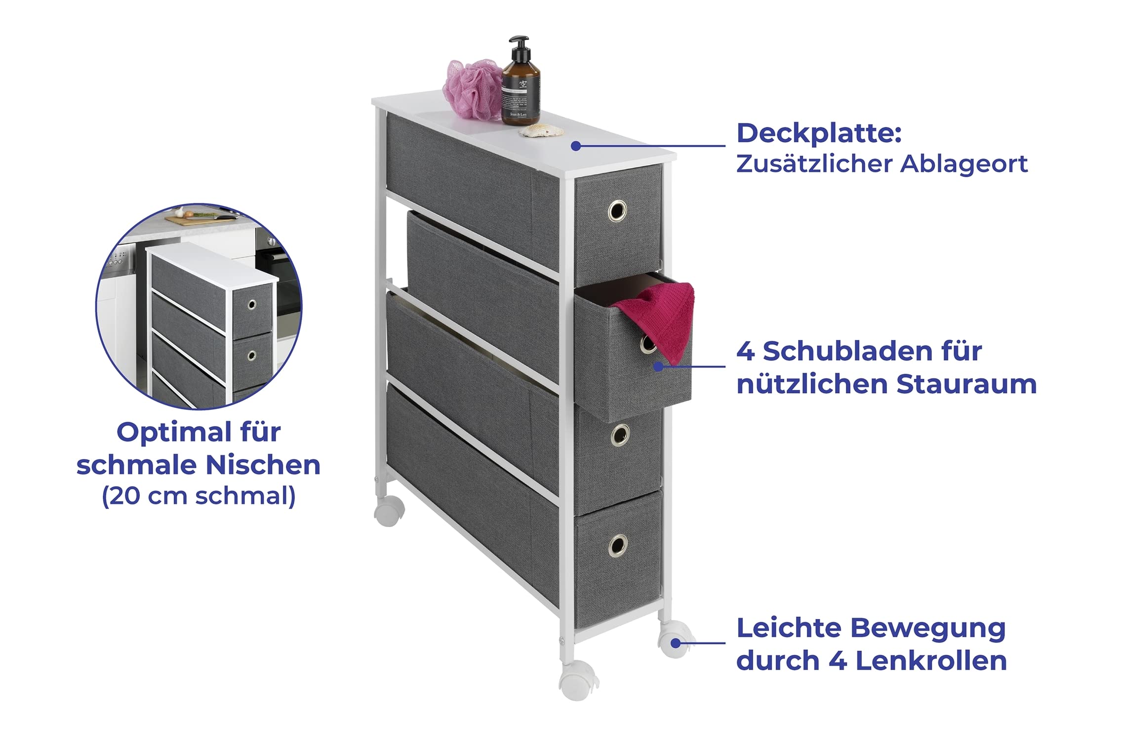 Maximex Nischenregal 4 Schubladen - Nischenregal mit 4 extra-tiefen Schubladen & 4 leichtgängige Rollen, Metall, 20 x 58 x 79 cm, Weiß