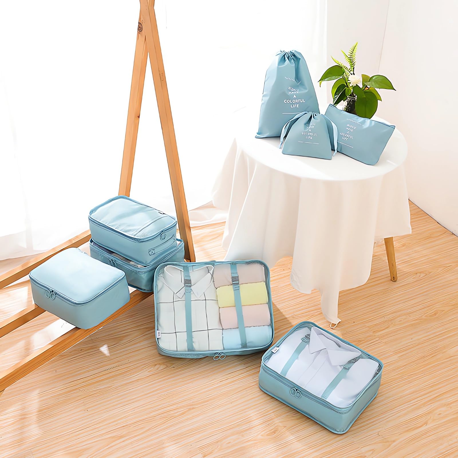 LANSKLBD 6/8 Set Packing Cubes for Suitcases Travel Luggage Packing Organizers,Travel Accessories Essentials Luggage Organizer with Shoe/Tioletry/Laundry Bag (Light Blue, 8 set) view 3