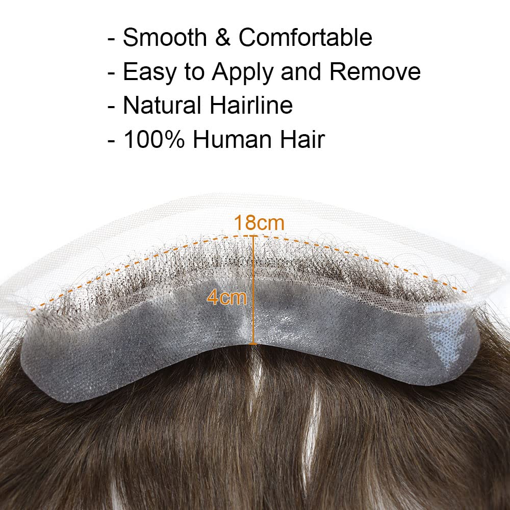 French Lace Front Mens Frontal Hairpiece for Receding Hairline V-Shape Thin Skin Poly Pu Forehead Replacement Natural Human Hair System for Men (4cmX18cm-100% Light to Medium Light Density, #1B Natural Black / Off Black)