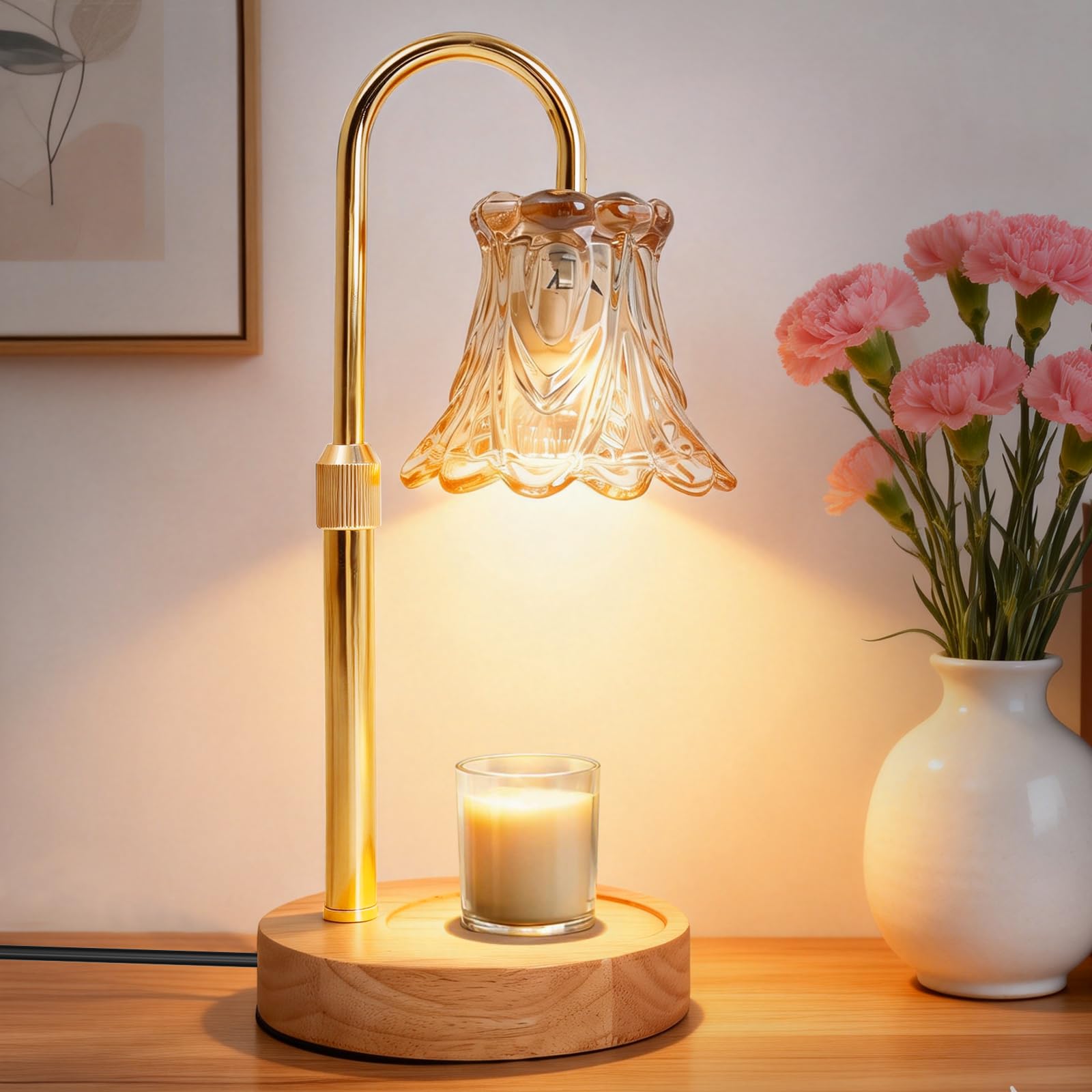 GLOWSHIRE Candle Warmer Lamp with Timer & Dimmer, Gold Candle Warmer Height Adjustable, 50W Bulb*2, Bedroom Decor Electric Candle Heater Lamp for Jar Candles, Birthday Gifts for Women.
