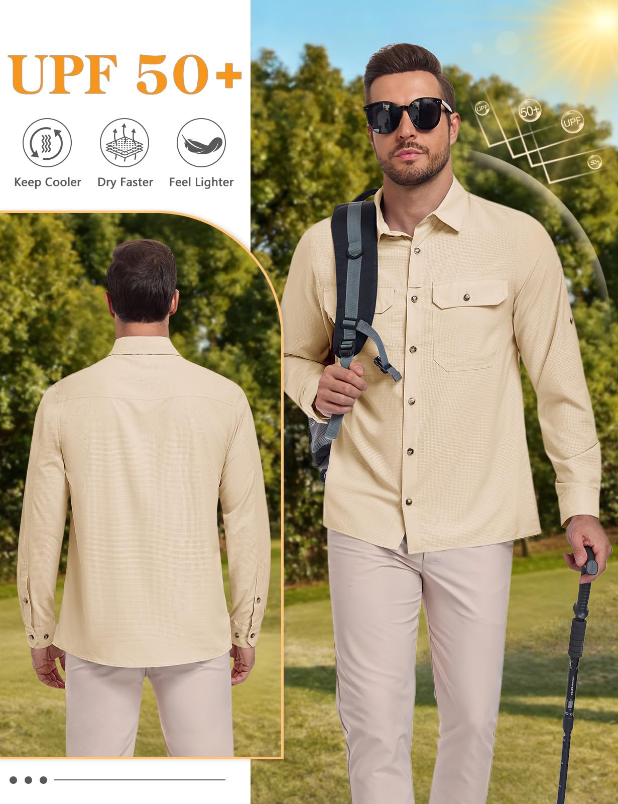 heekpek Camicia Uomo Manica Lunga Estive UPF 50 Maglietta Anti UV Traspirante Funzionale Camicie per Safari Trekking Pesca