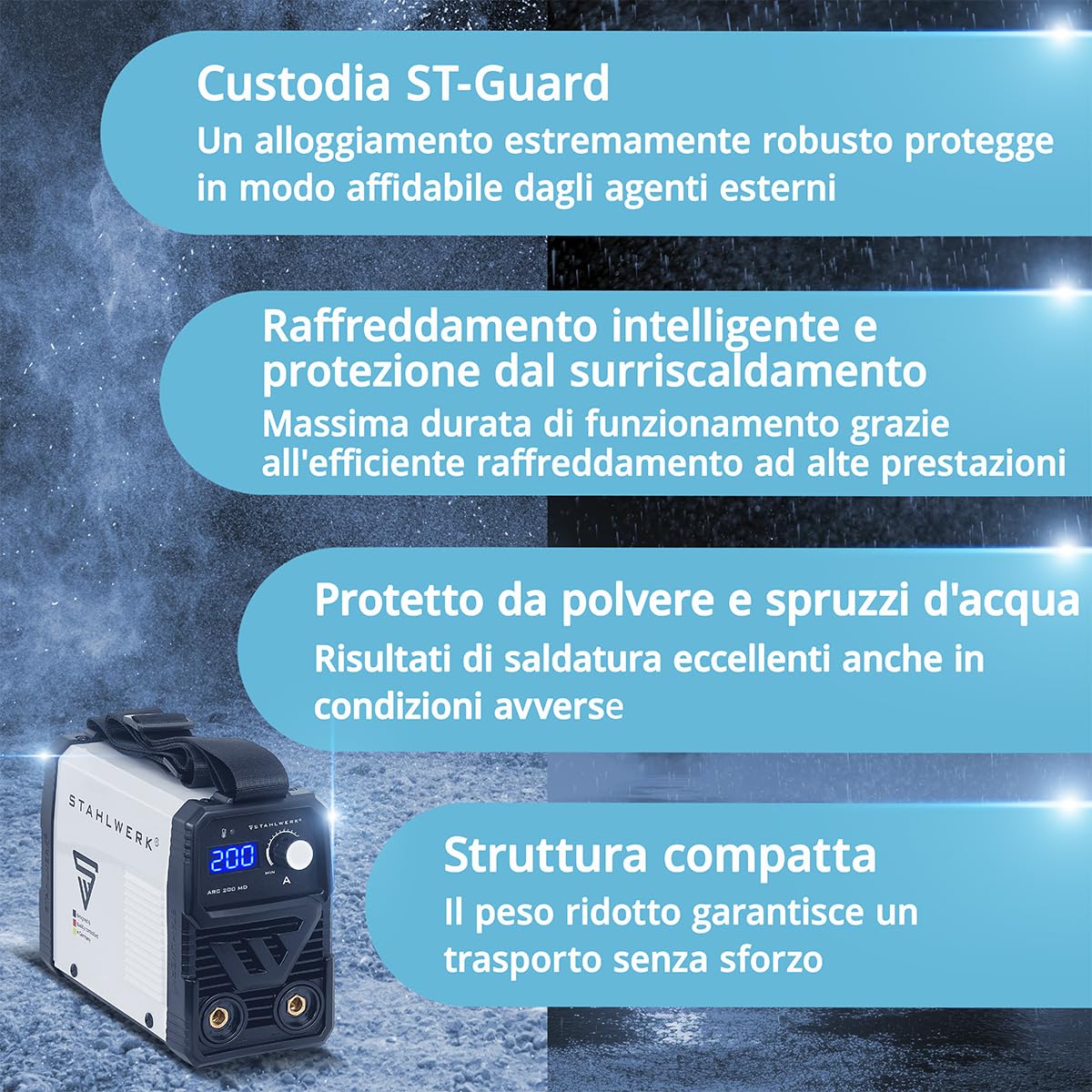 STAHLWERK Saldatrice ad elettrodo ARC 200 MD – MMA & Lift-TIG (DC) fino a 200 A, uso flessibile senza gas, compatta & leggera 3,4 kg, Smart Cooling, Hotstart automatico