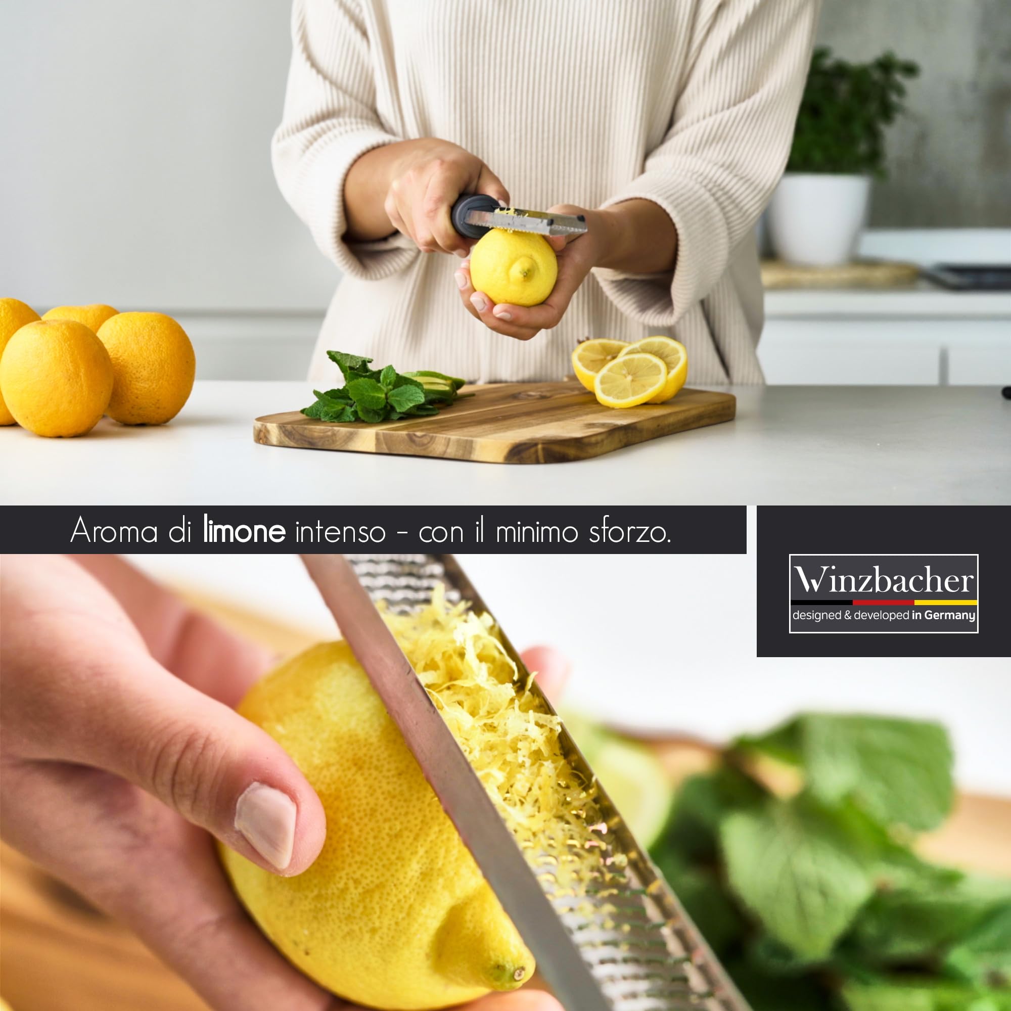 Winzbacher – Grattugia Zesteur Multifunzione | Per Parmigiano, Limone, Noce Moscata, Zenzero, Cioccolato, Aglio | Lama in Acciaio Inox Ultra Affilata | Lavabile in Lavastoviglie | Con Spazzola