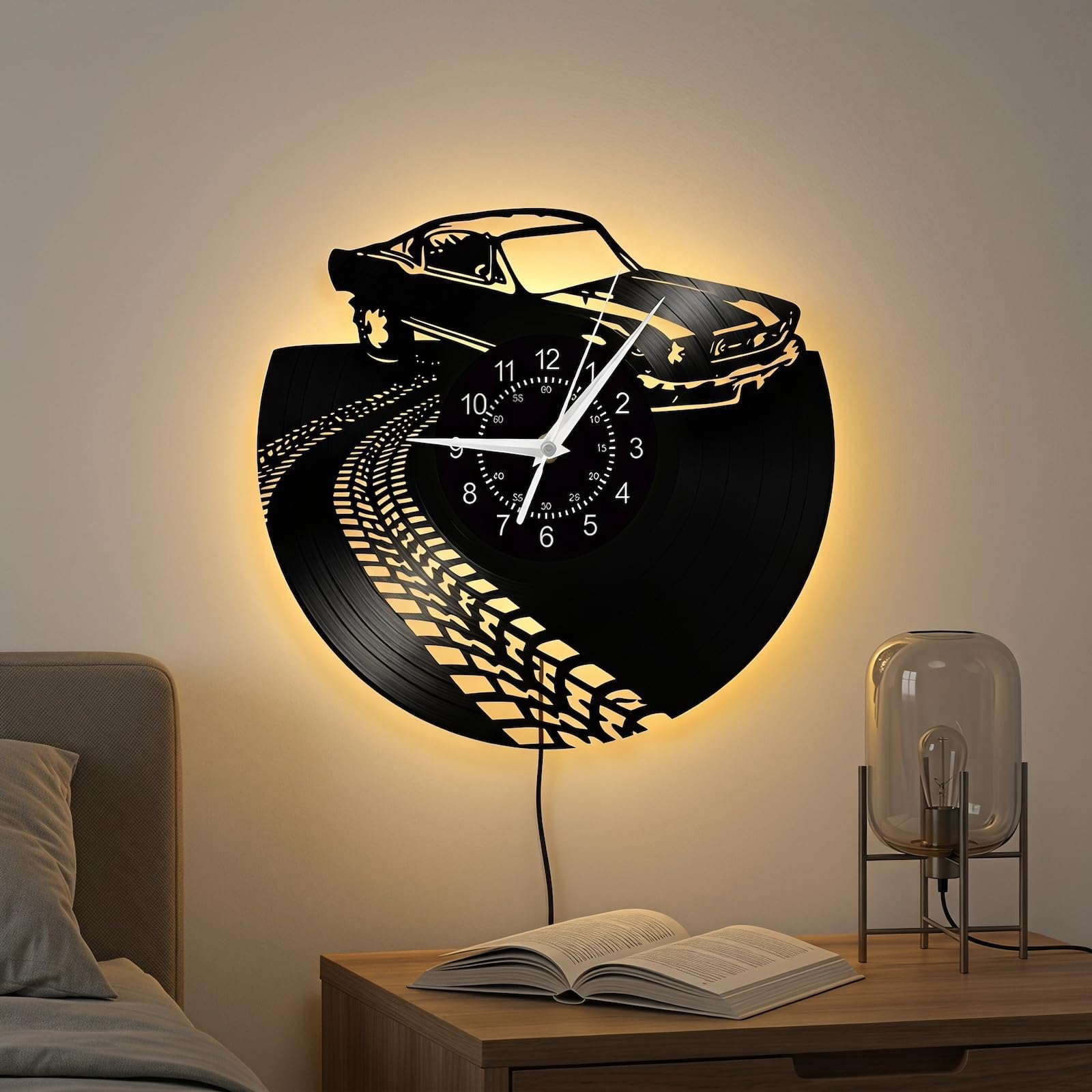 Retro-Auto-Wanduhr, 30,5 cm, 7 Farben, leuchtende klassische Auto-Wanduhr, leise, Quarz, kein Ticken, Vintage-dekoratives Nachtlicht, LED, analog, Vinyl-Schallplatten-Wanduhr für Männerhöhle