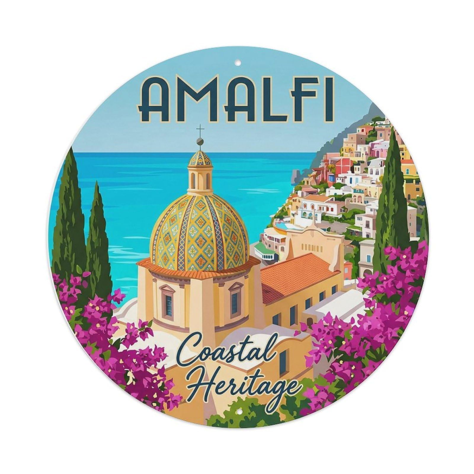 Italian Seaside Church Tower Vintage Travel Mediterranean Metal Tin Sign Plaque Wall Decor for Cafe, Man Cave, Club Bar, Office, Home Garden Round Metal Poster 8x8Inch