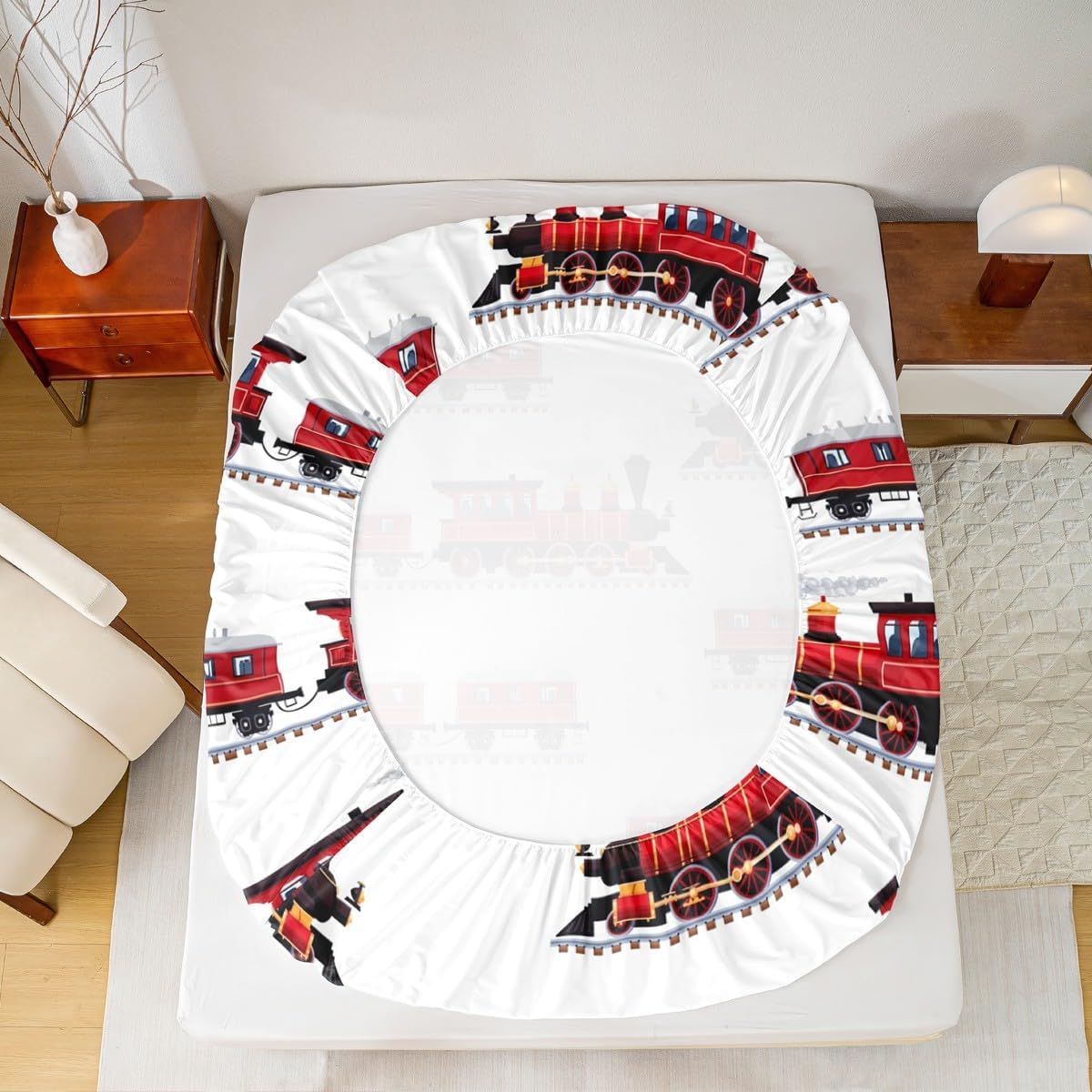 Red Train Fitted Sheets Full Size,Cartoon Choo-Choo Bedding Set 3Pcs Kids Teens Woman Room Decor,Steam Engine Car Bed Sheet Modern White Deep Pocket Sheet,No Flat Sheet