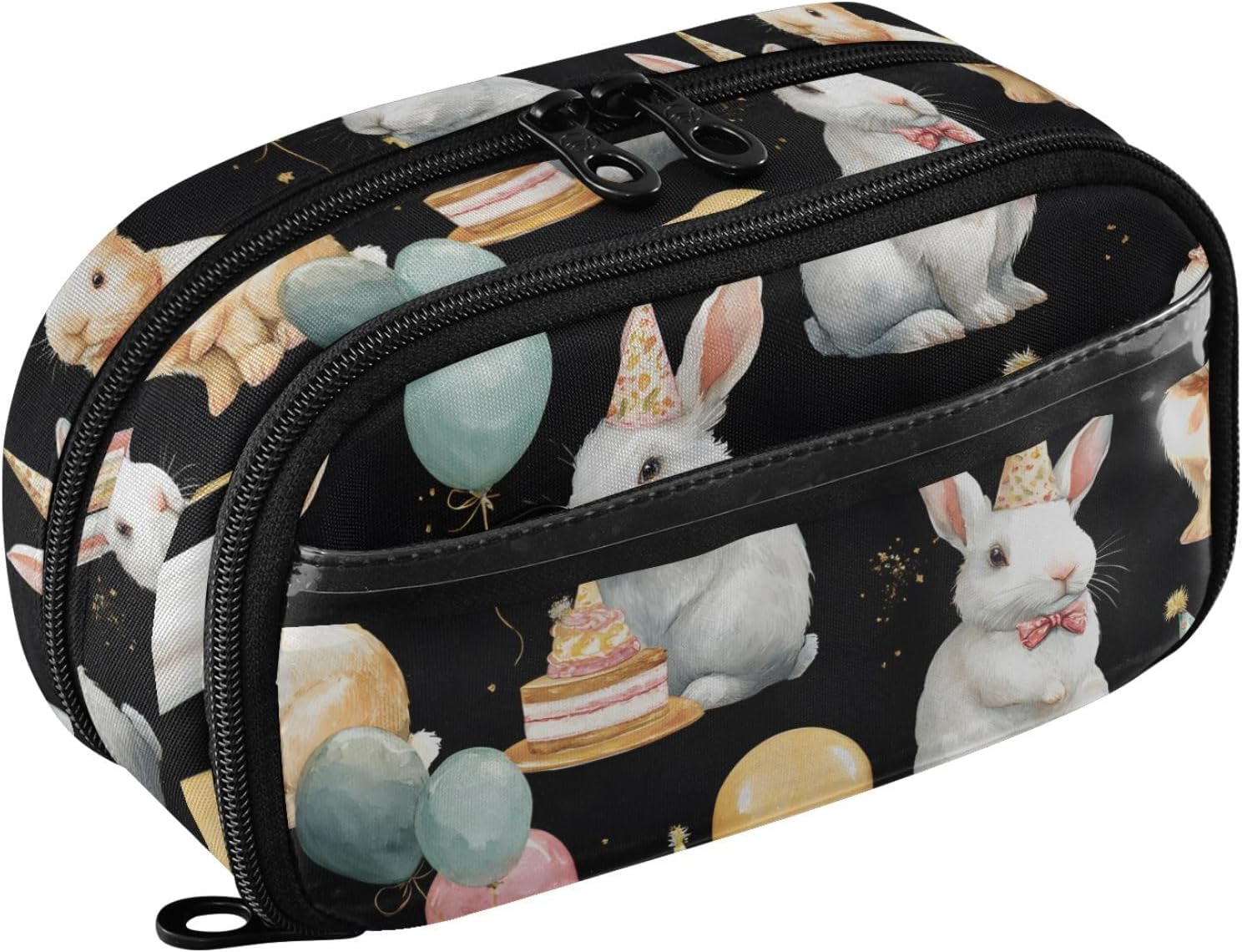 ALAZA Balloon Birthday Hat Rabbit Pattern Large Capacity Pencil Case, Aesthetic Stationery Organizer Bag with Clear PVC Window, High Capacity Pen Pouch with Dividers for School Office Travel